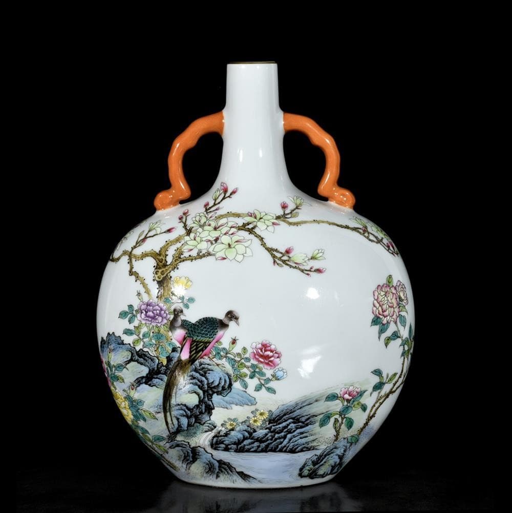 33CM Qianlong Signed Old Chinese Colour Enamel Flask Vase W/bird U1350