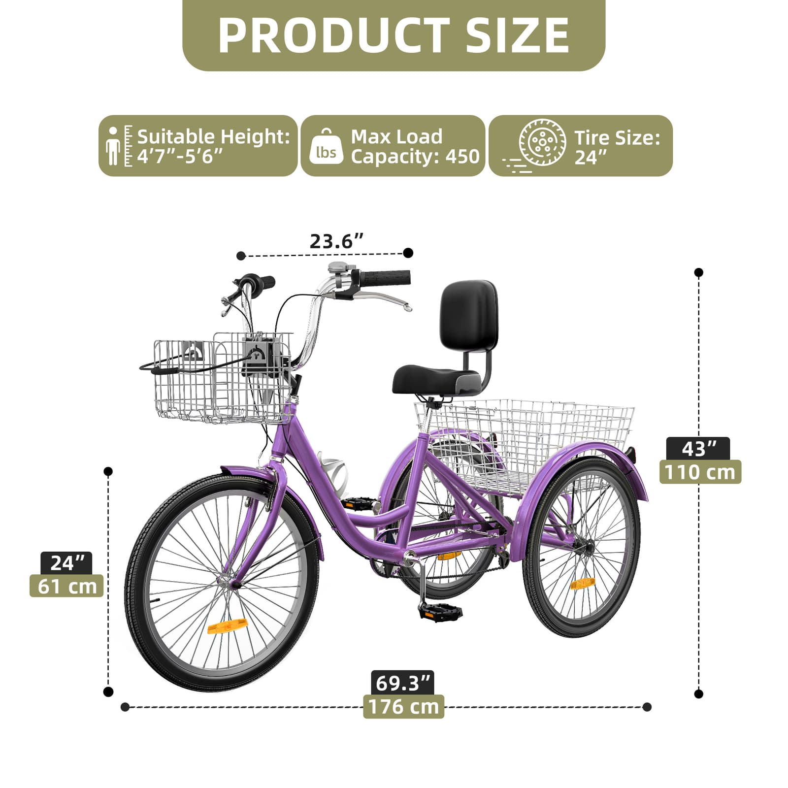 24" 3 Wheels Bike Trike Tricycle 7 Speed for Adult w/ Front & Rear Basket Purple 4