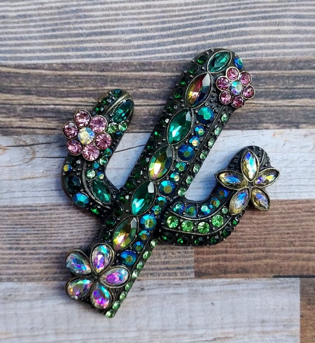 Magnetic jeweled Cactus Brooch set in antique gold tone alloy.  Western brooch
