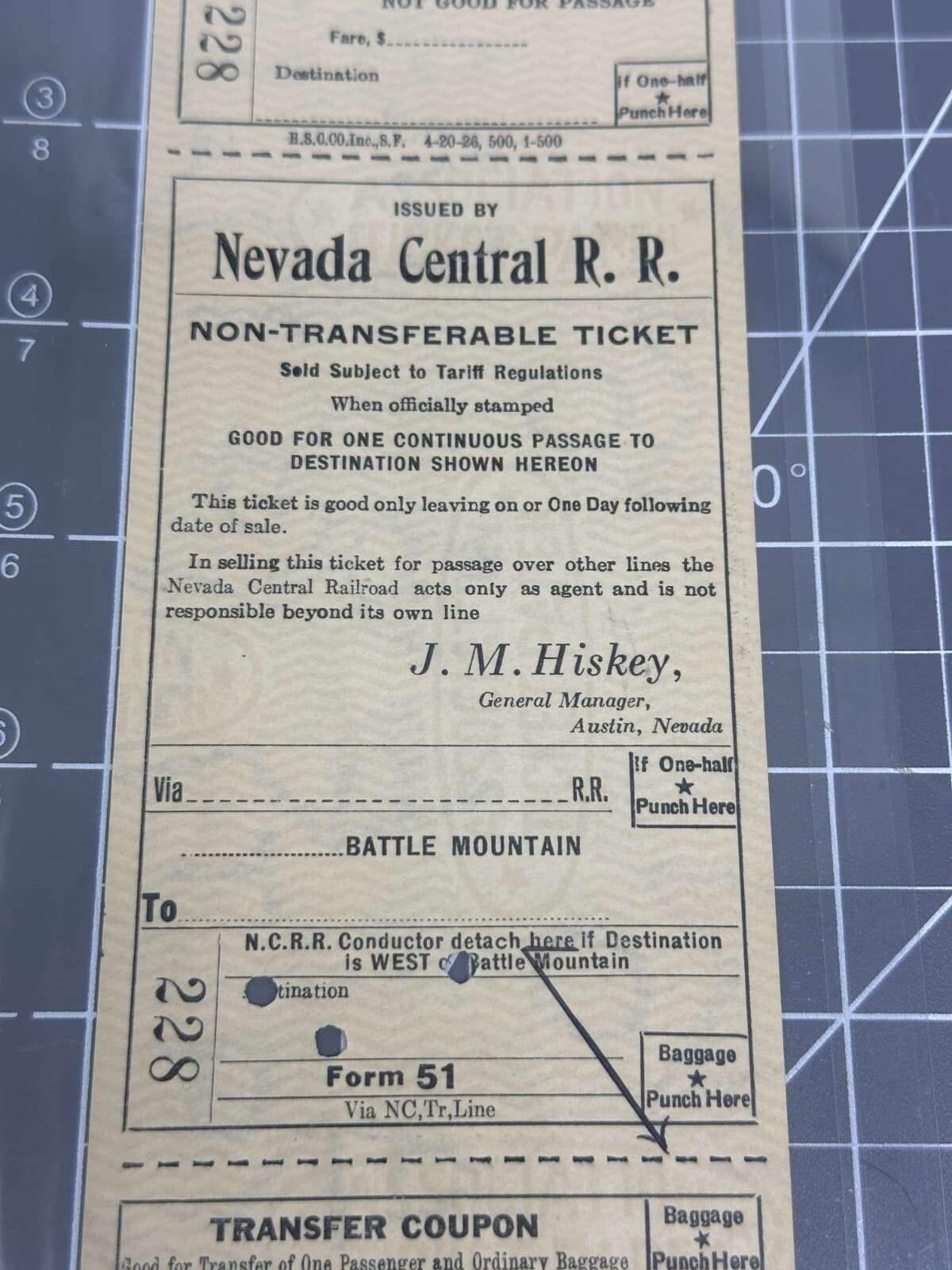 ~1926 Nevada Central Railroad NCRR Unused Austin to Battle Mountain Ticket 228 3
