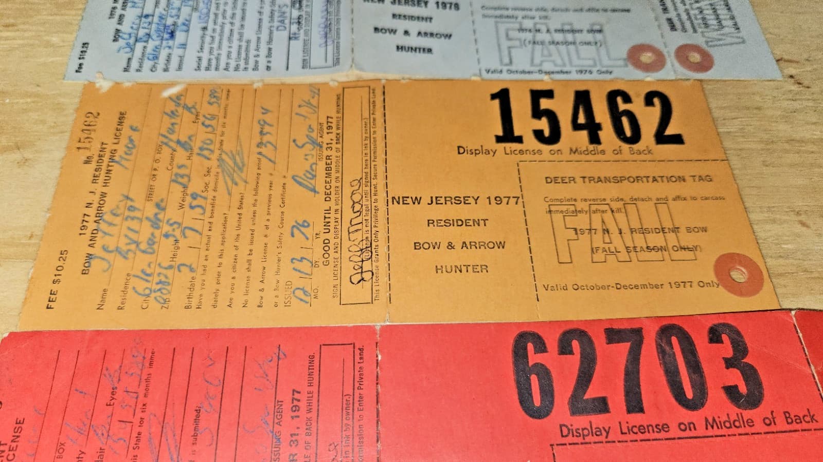 Lot 7 New Jersey State Big Game Deer Licenses Tags Firearm Bow Hunter 1975-1979 5