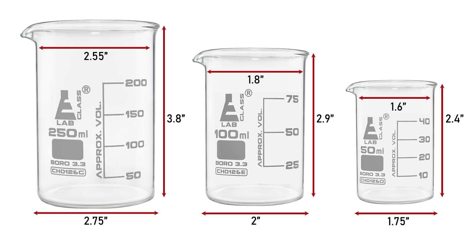 Glass Beaker Set, 50/100/250mL - Low Form - Packed in Foam Insert - Eisco Labs 3