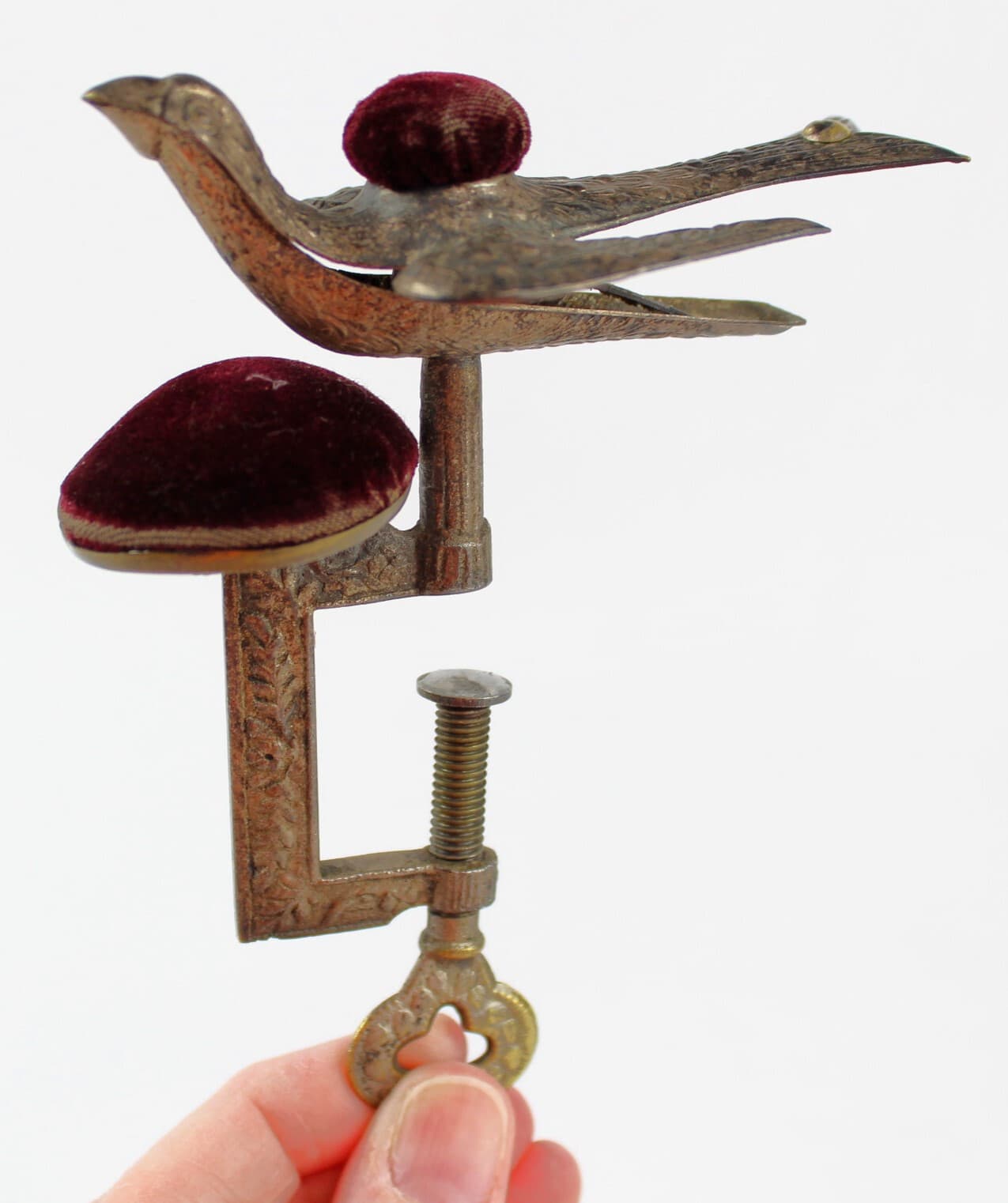 ANTIQUE EMBOSSED VICTORIAN BIRD DOUBLE PIN CUSHION WITH CLAMPS PAT. 1853 SEWING 4
