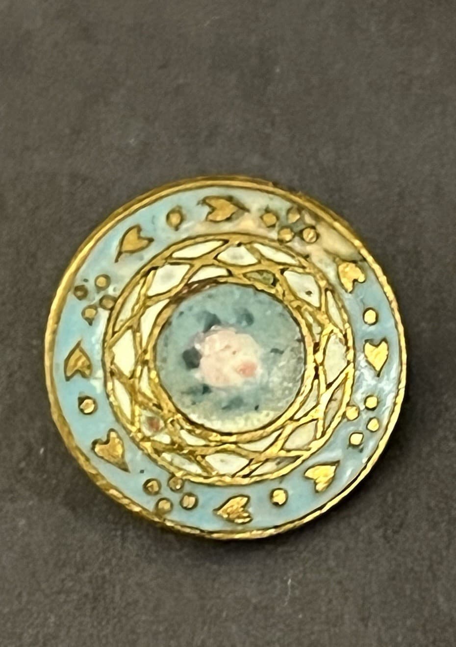 2 VTG Button Shank Antique Aqua  Paint Rose 1/2" Gold Enamel Hearts?