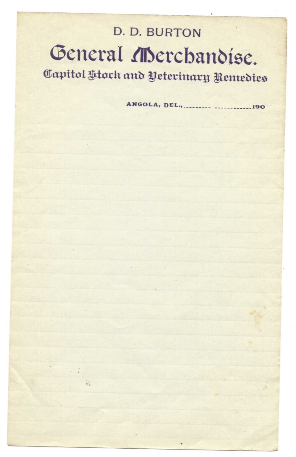 1900 Letterhead D.D. Burton Captial Stock Veterinary Remedies Angola Delaware