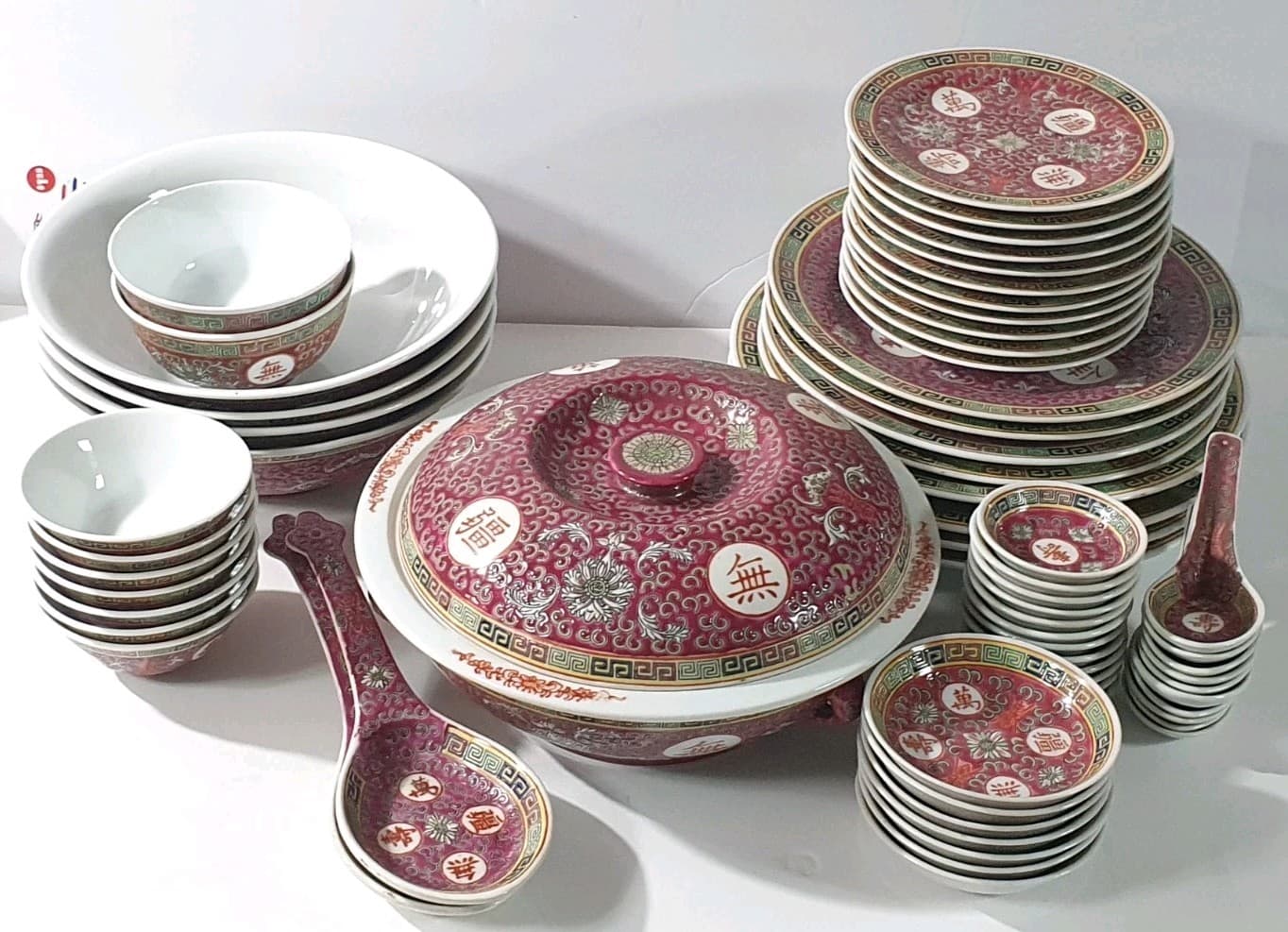 68 Pieces Chinese Mun Shou Porcelain Longevity Rose Pink dinnerware Lot 2