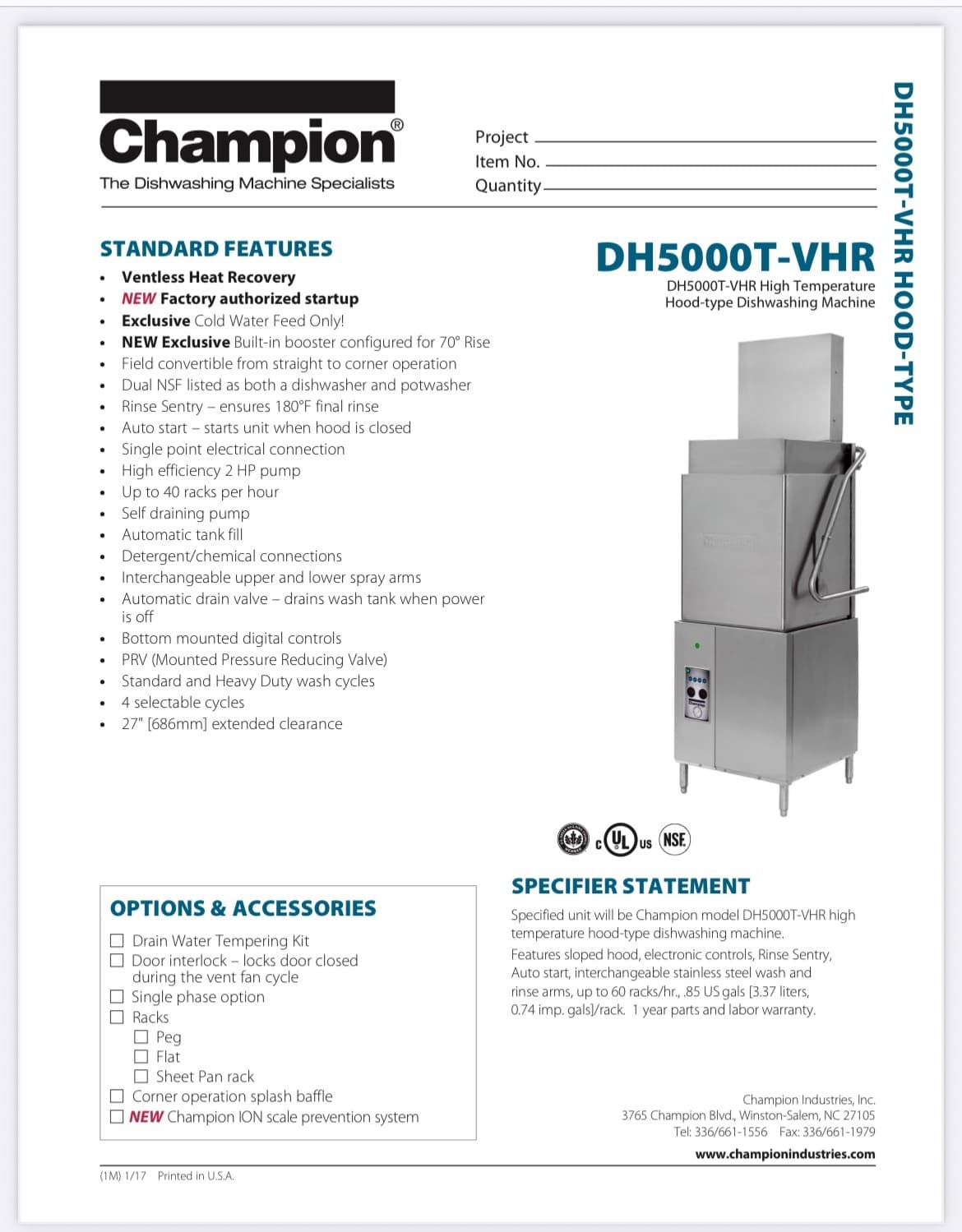 CHAMPION MODEL DH500T COMMERCIAL  HIGH TEMP VENTLESS DISHWASHER - 280/240V,3PH 4