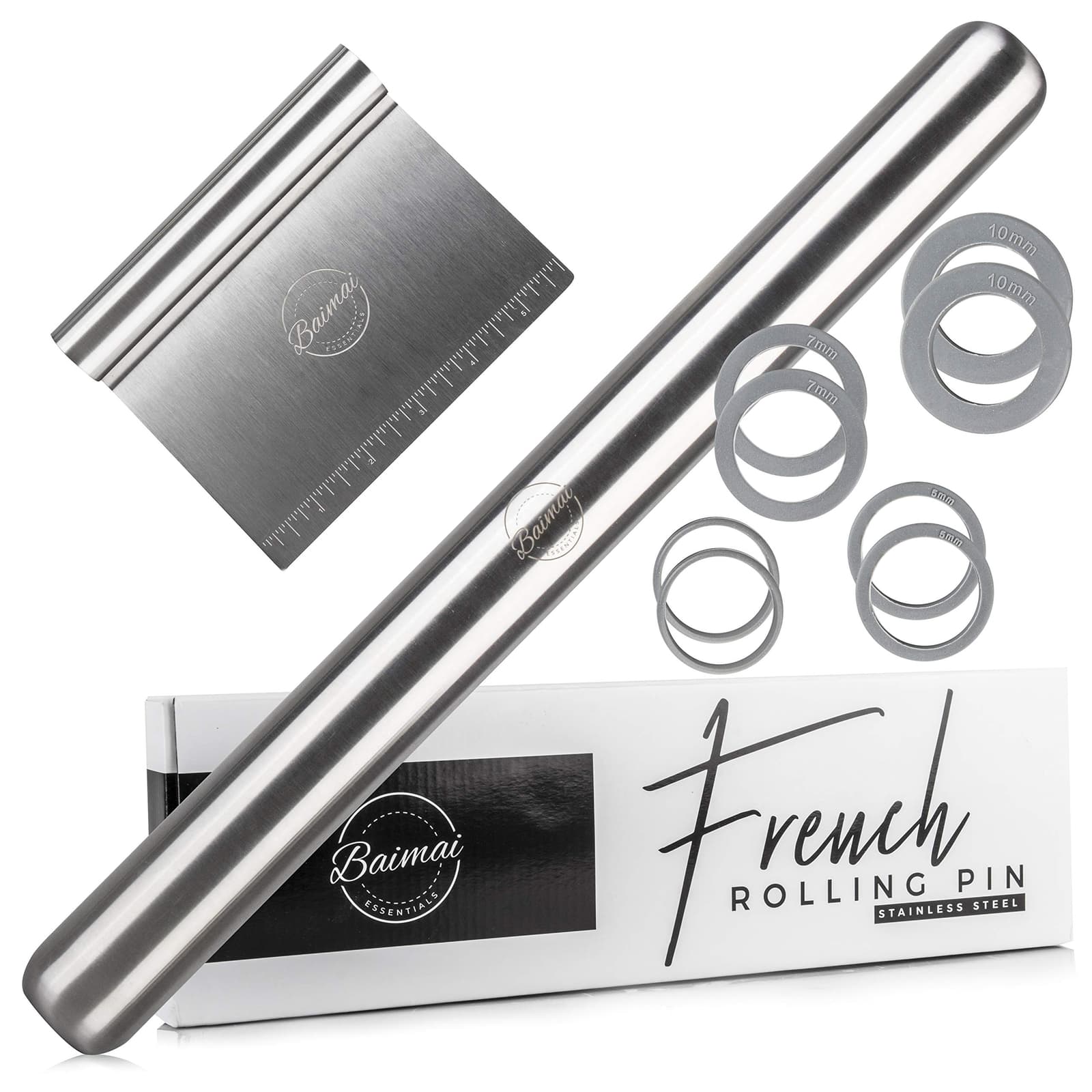 Rolling Pin with Thickness Rings- 16” French Rolling Pin for Baking Even Pastry