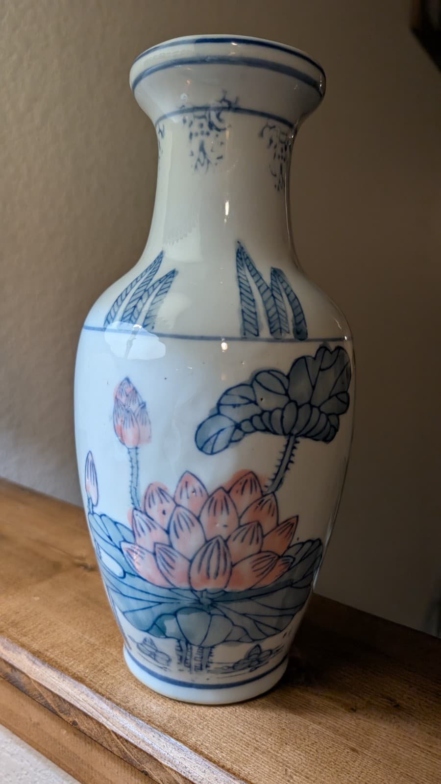 12" Tall Asian Vase Large Lotus Flowers  Vintage Chinese Cloisonné Ceramic Lilly 4