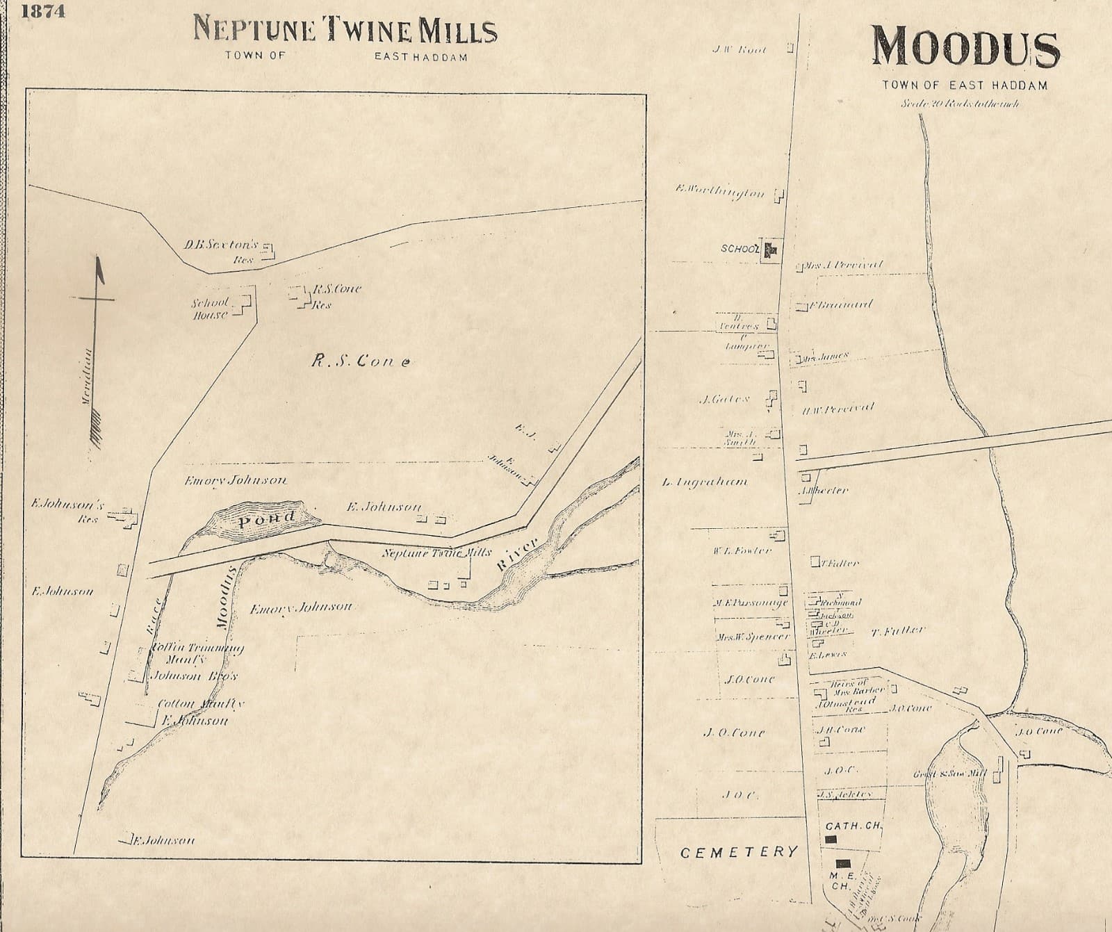 Moodus East Haddam CT 1874 Maps with Homeowners Names Shown