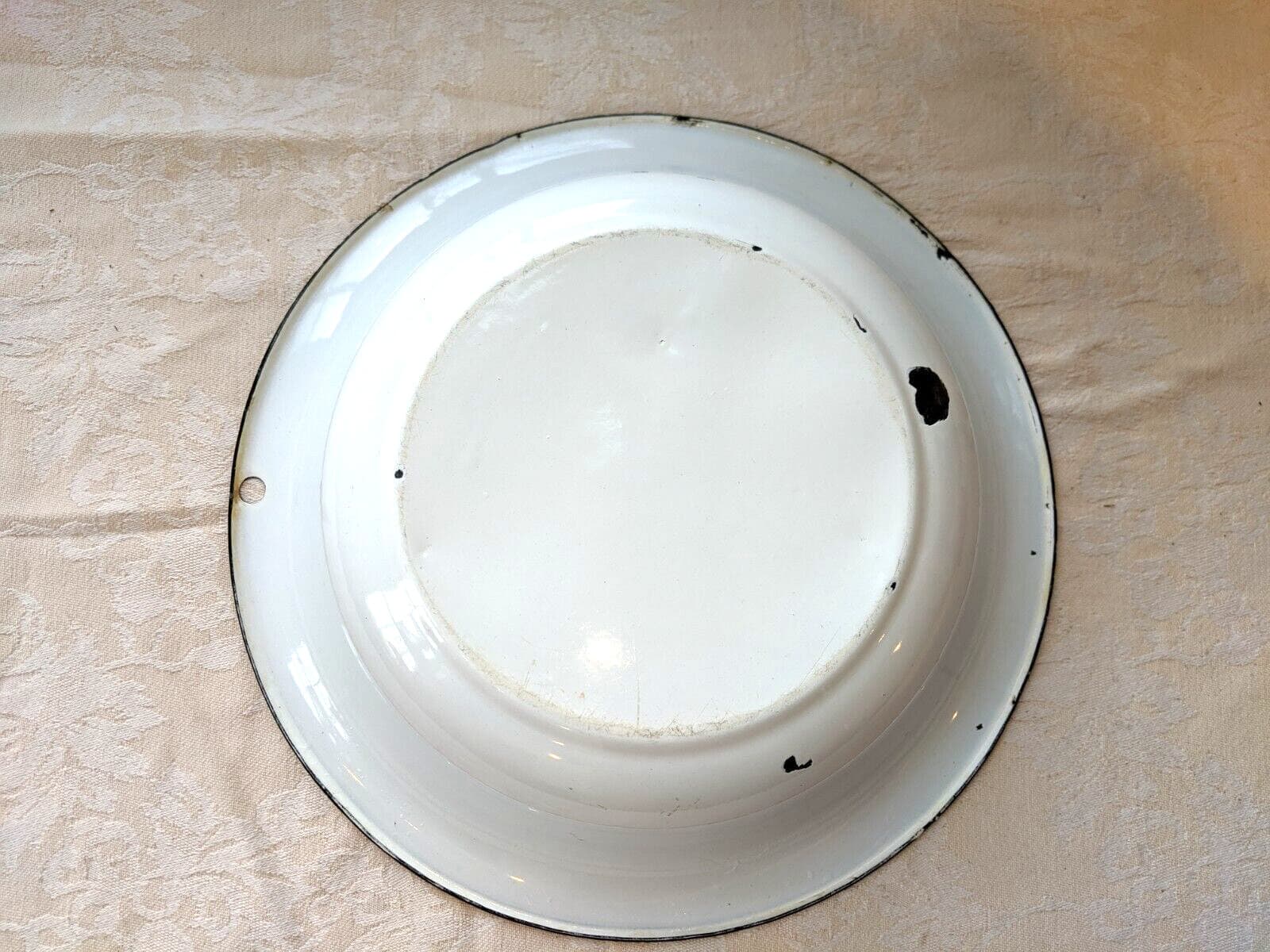 Vintage enamel metal Bowl 12" white black 4