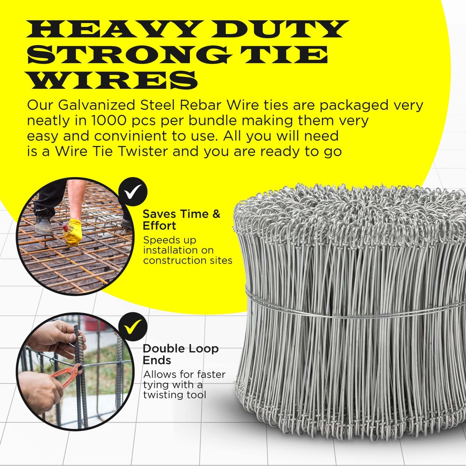 6 Inch x 1,000pc GALVANIZED Double Loop Rebar Wire Ties, 17 Gauge, SIMBASTEEL 6