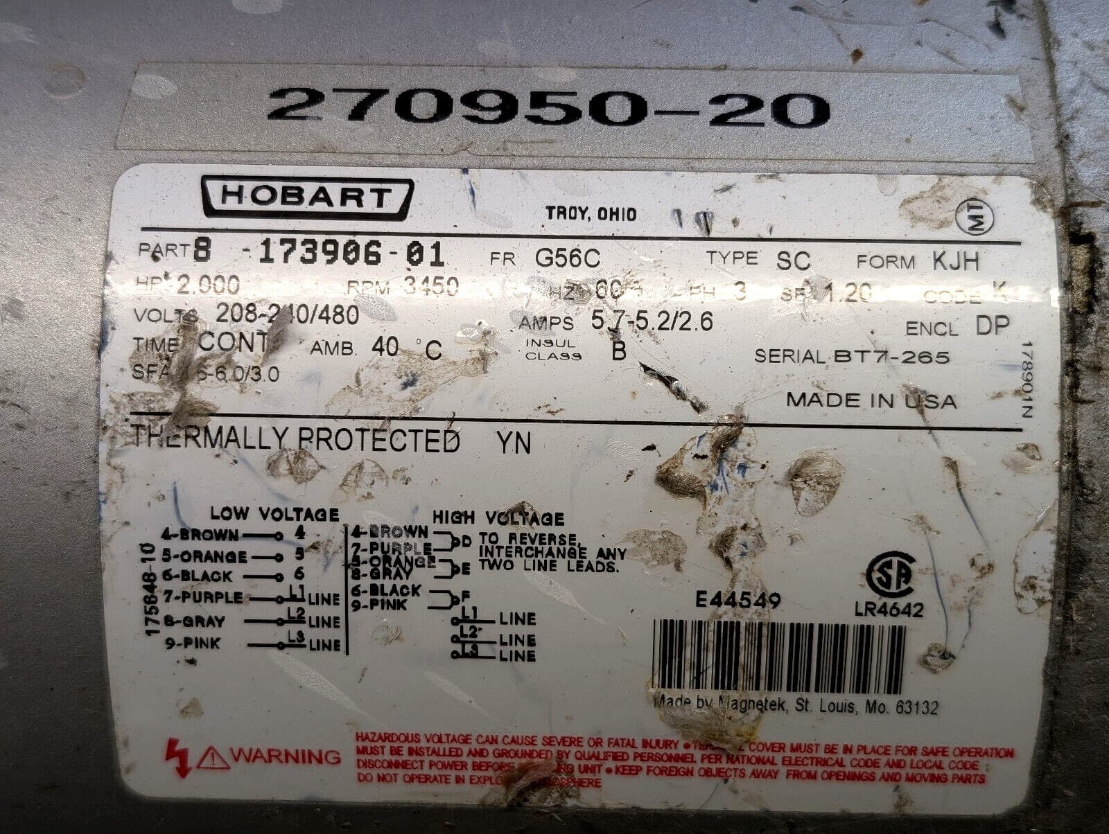 Hobart 8-173906-01 Dishwasher Pump Motor, Used in Hobart C44A 2