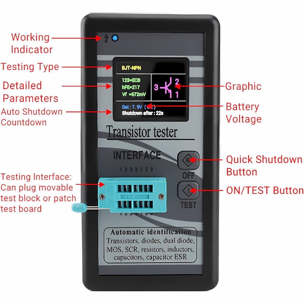 Transistor Tester Digital NPN PNP Diode Resistor Inductor Capacitance MOS Meter 2