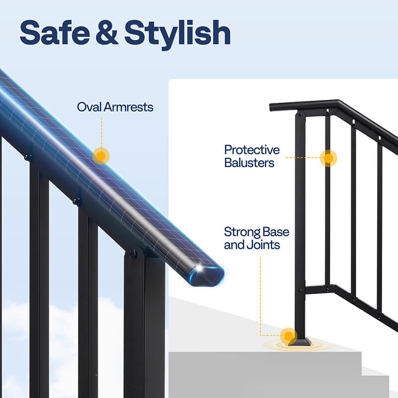 2pcs Wrought Iron Step Handrail Stair Railing for 6 Step Outdoor Deck Hand Rail 5