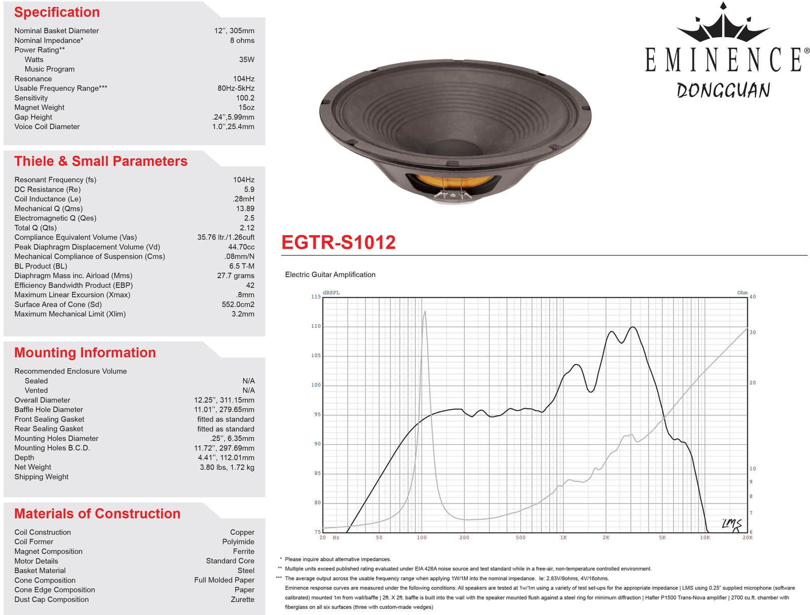 Eminence EGTR-S1012 7912005 12" Guitar Speaker 8 ohm 35 watt 5