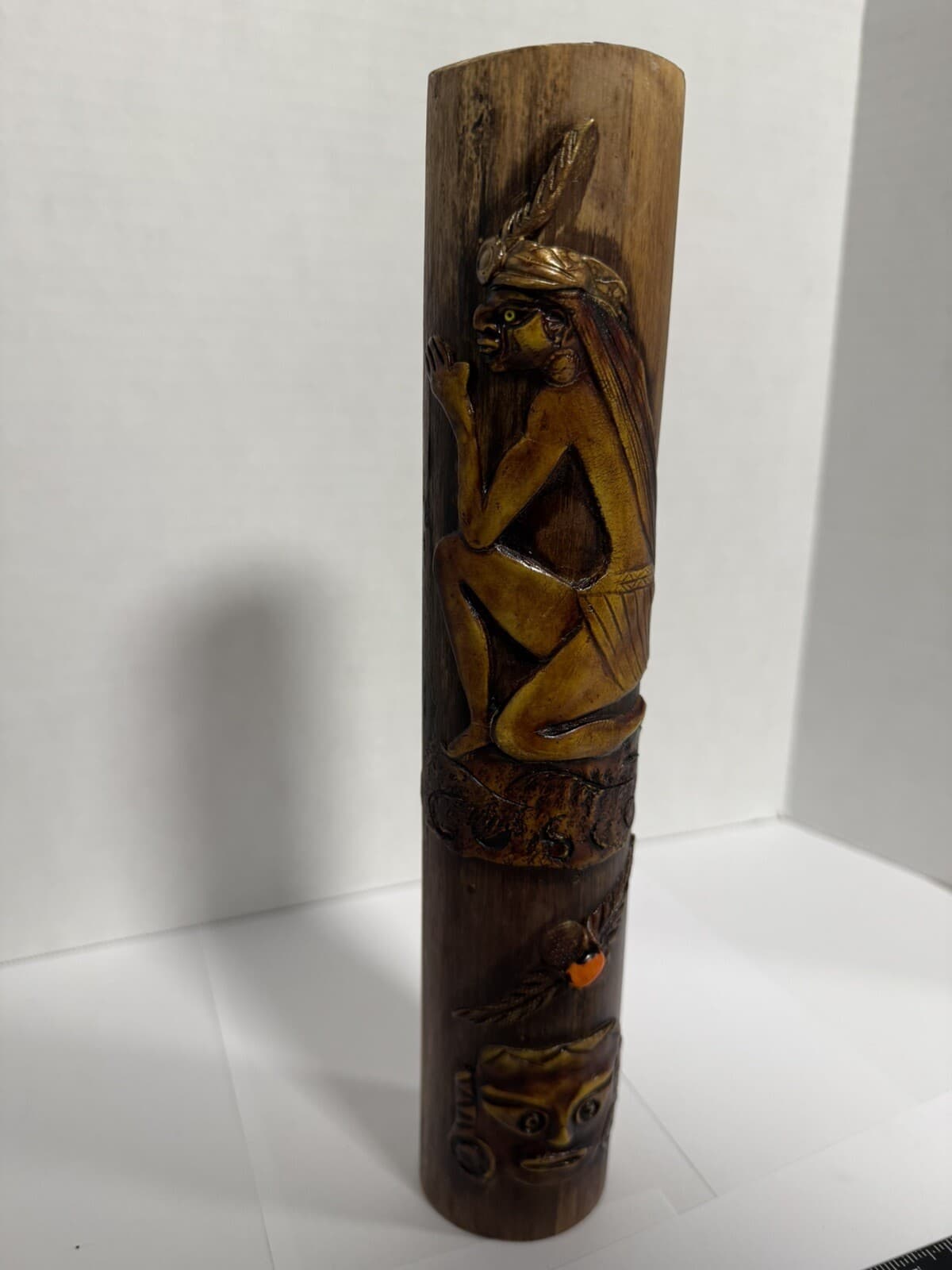 Vintage PERU CUSCO Peruvian Wood Totem Pole Rattling Rainstick Folk Art 6