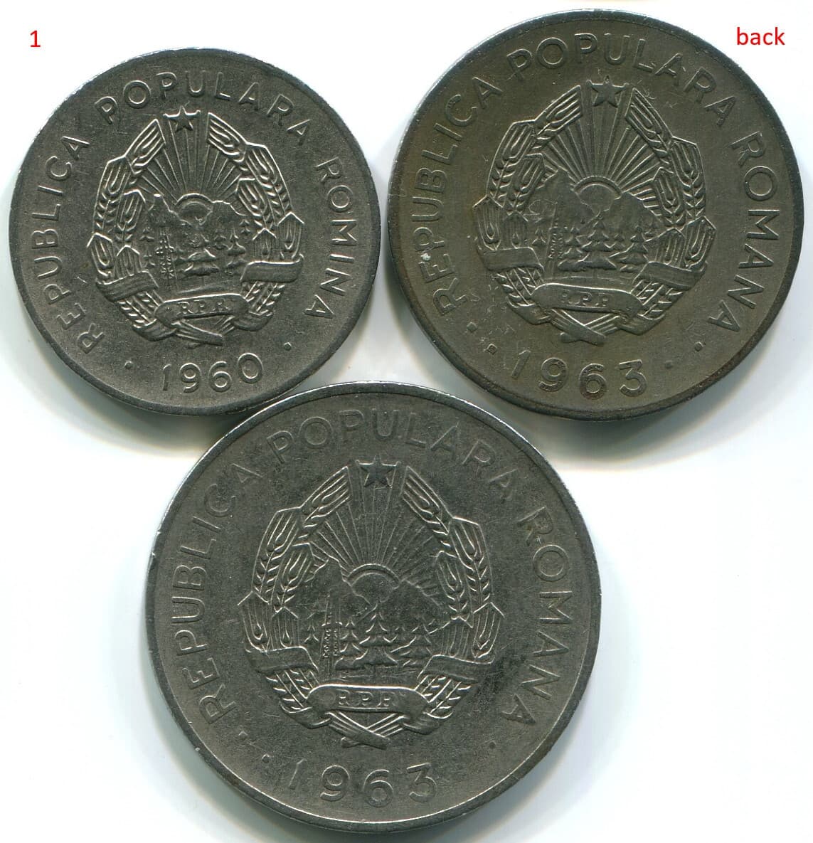 Romania 1960 25 Bani + 1963 1 Leu + 1963 3 Lei,  lot of 3 beautiful coins. C126 2