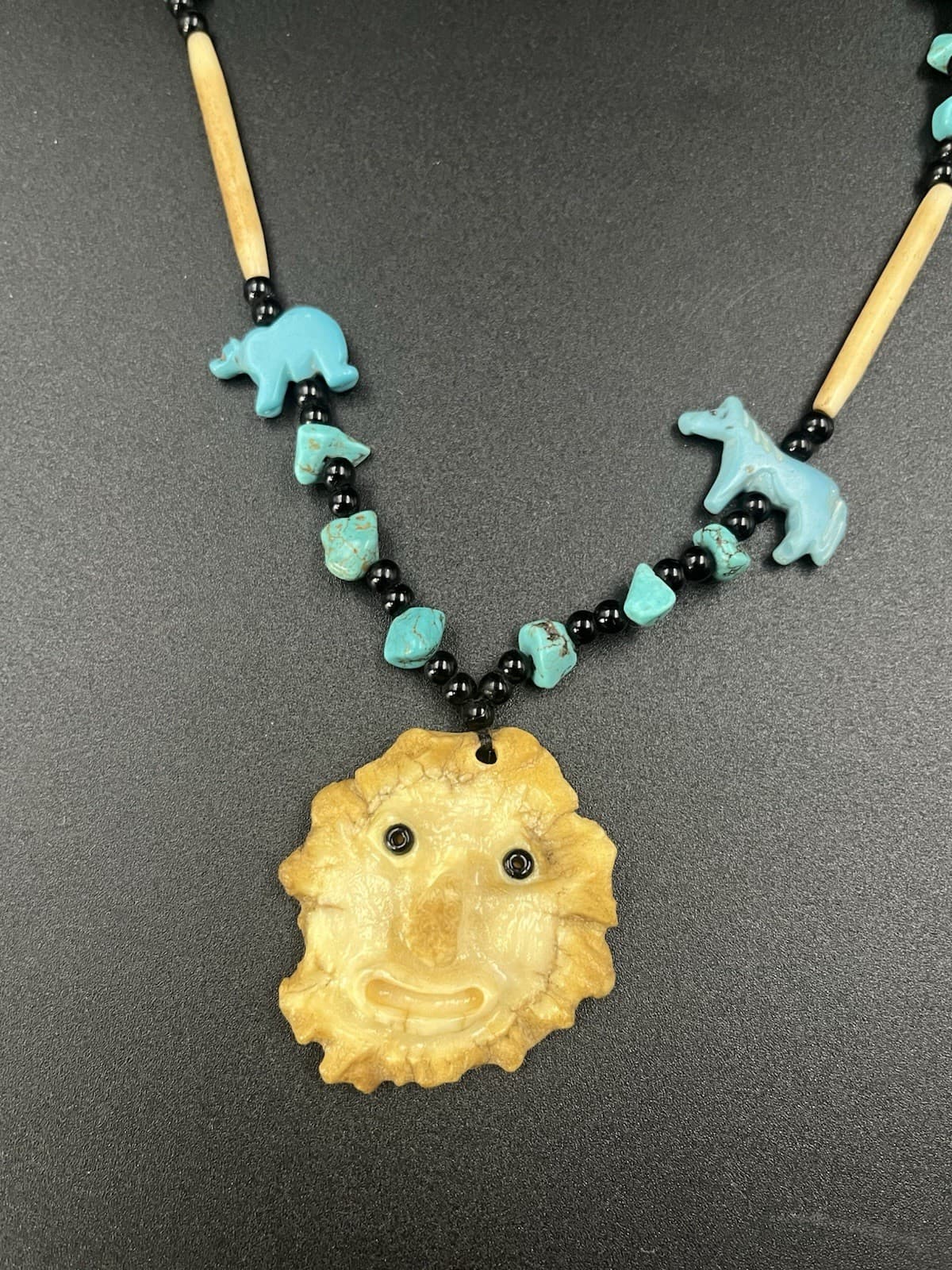 Native American Turquoise Carved Antler Face Beaded Necklace Folk Art Handmade 5