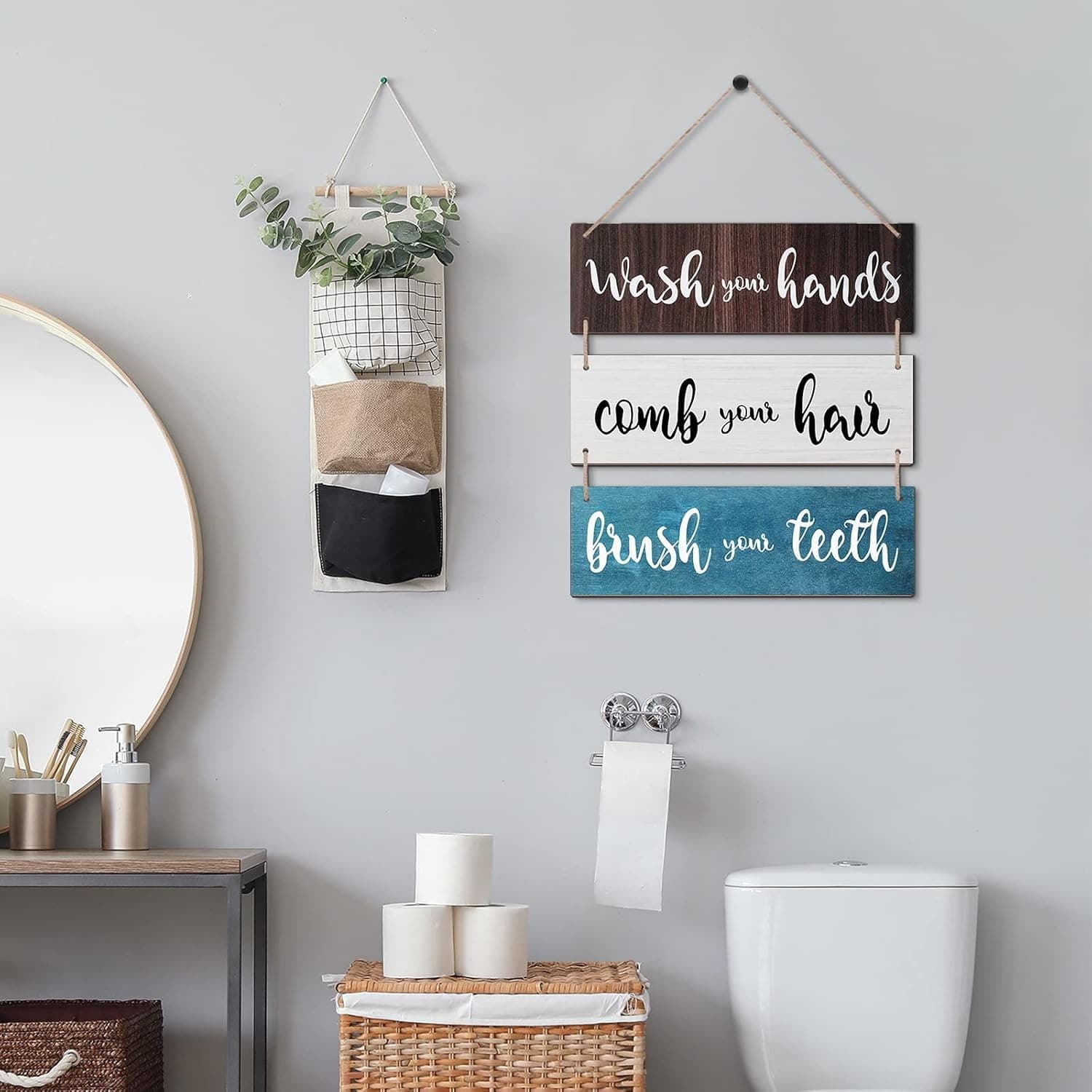 Bathroom Wall Art Rustic Wood Sign Funny Bath Rules Decor Brown White 2