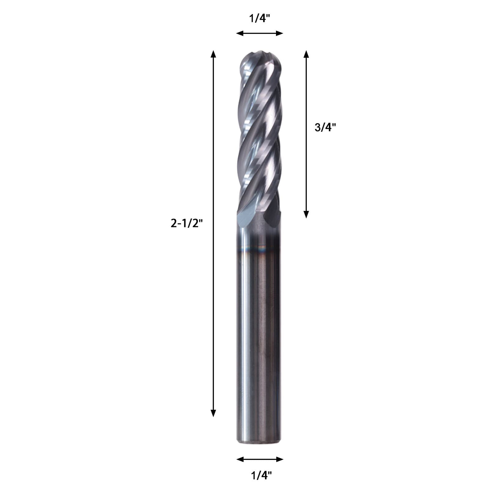 1/4" 4 Flute 2-1/2" Overall Length Ball Nose Solid Carbide End Mill AlTiN Coated 2