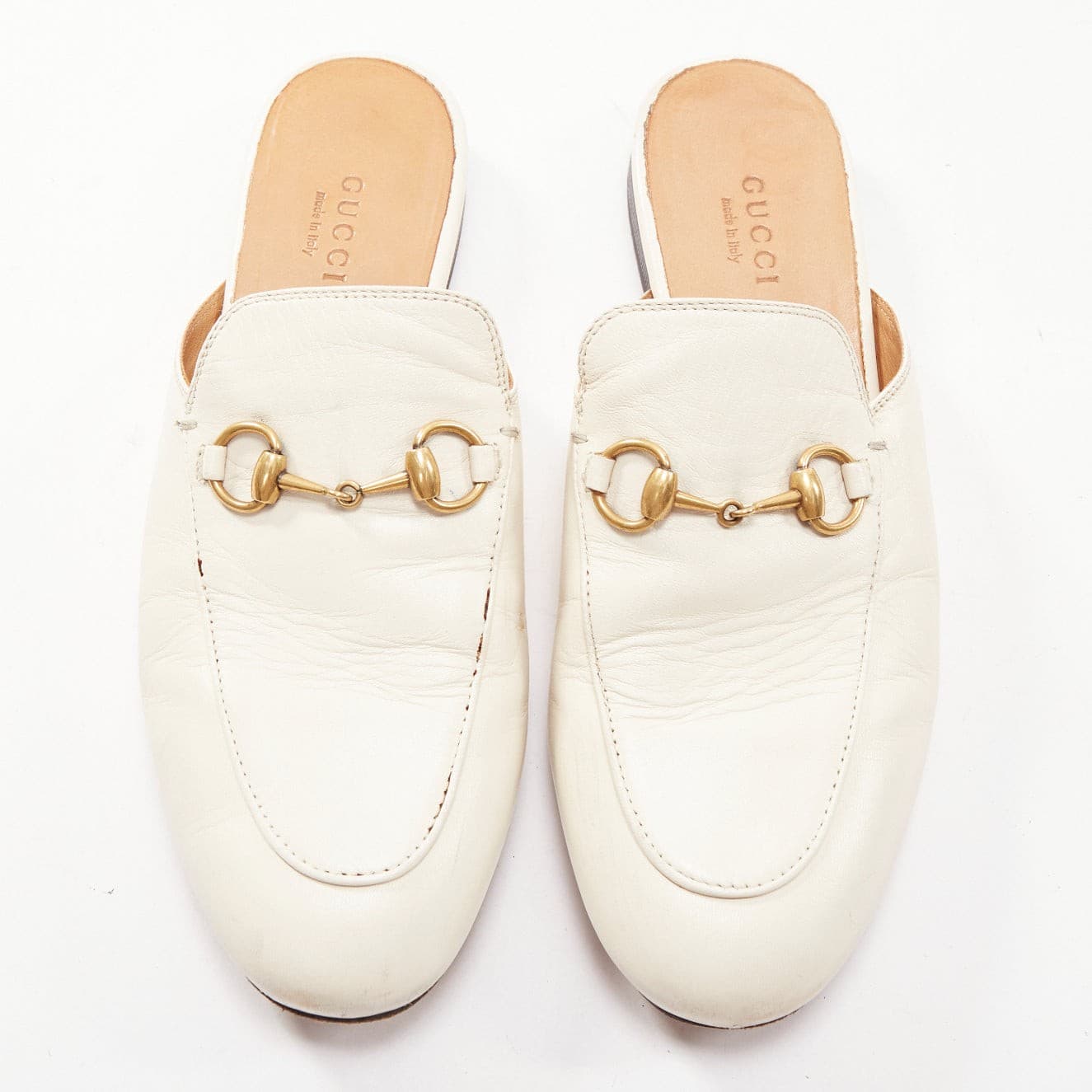 GUCCI Princetown cream leather gold horsebit flat mule loafer EU36