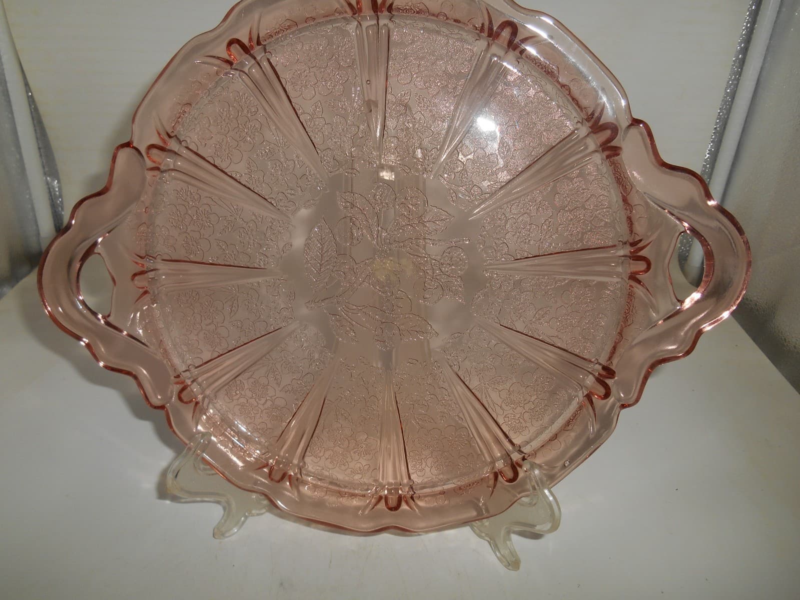 Excellent Jeanette Pink Cherry Blossom depression glass 12 5/8" Handled Tray