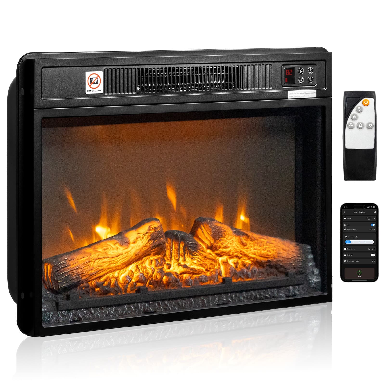 26" Recessed Electric Fireplace Insert Log Flame Heater w/ Remote Control & WIFI 3
