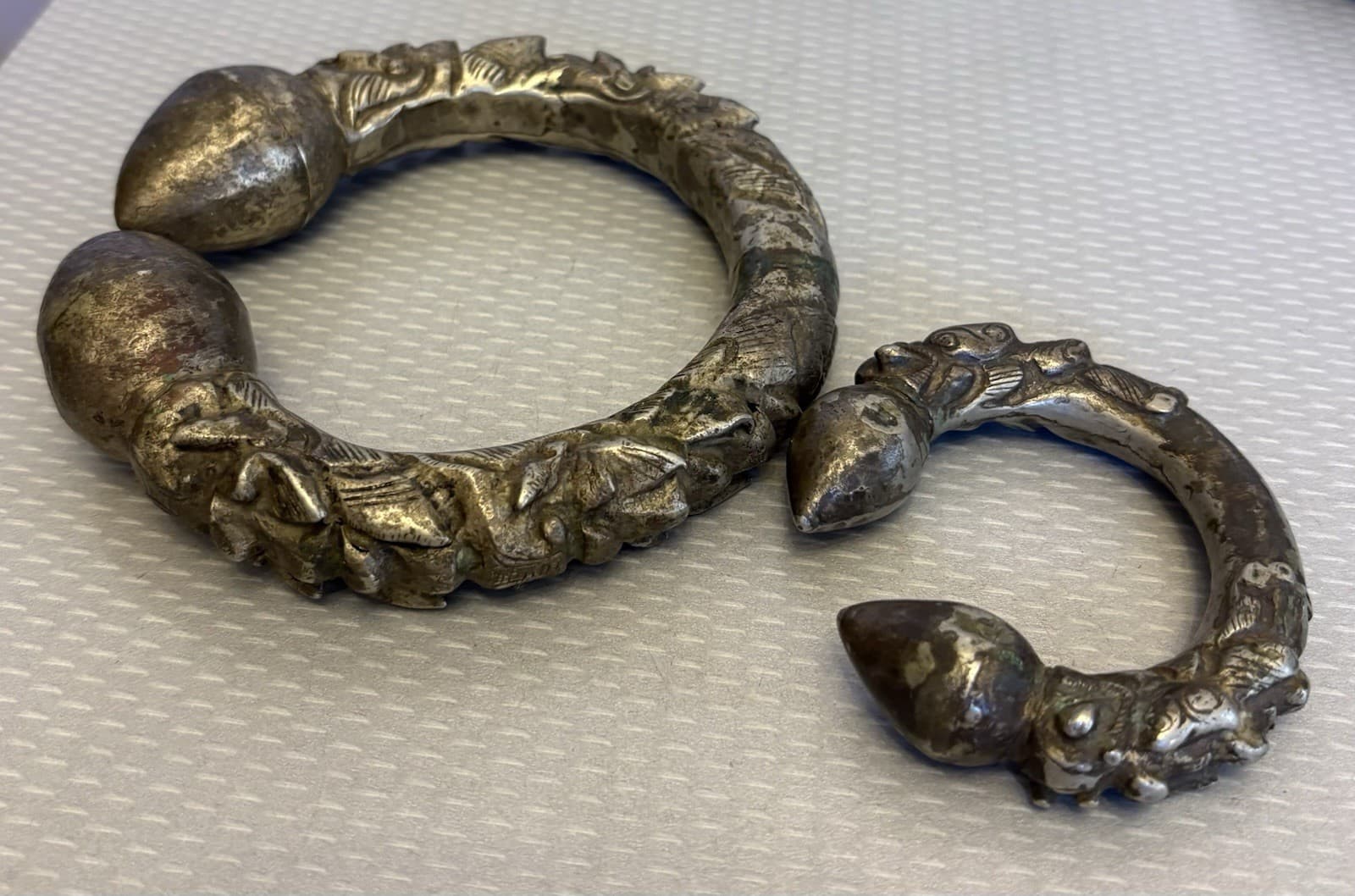 Old Antique Nepal Silver Metal Anklet Bracelet Tribal Ethnic Pair Makara Kalli 2 3