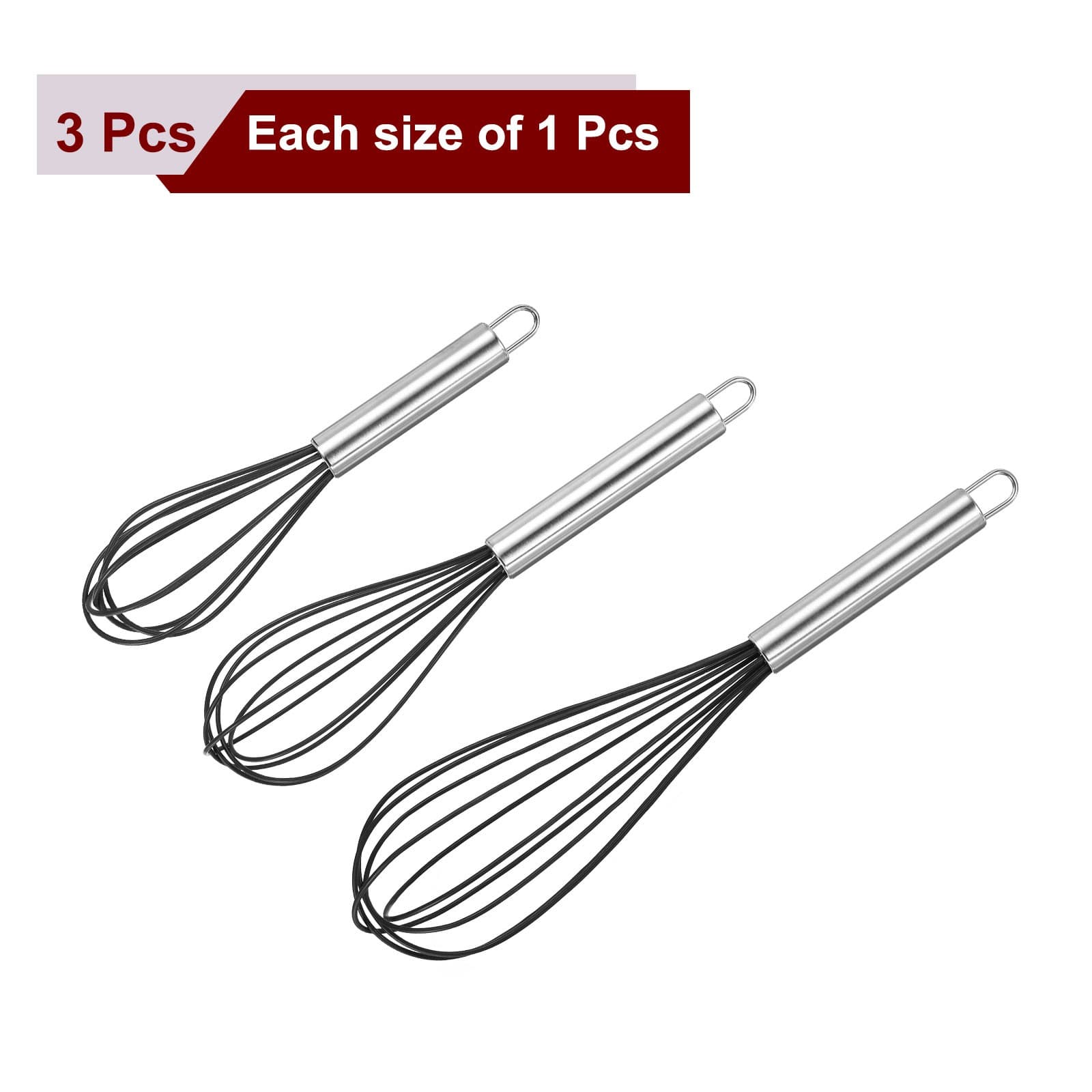 3Pcs Silicone Whisk 8" 10" 12" Kitchen Whisk Wire Whisks Beater Black 3