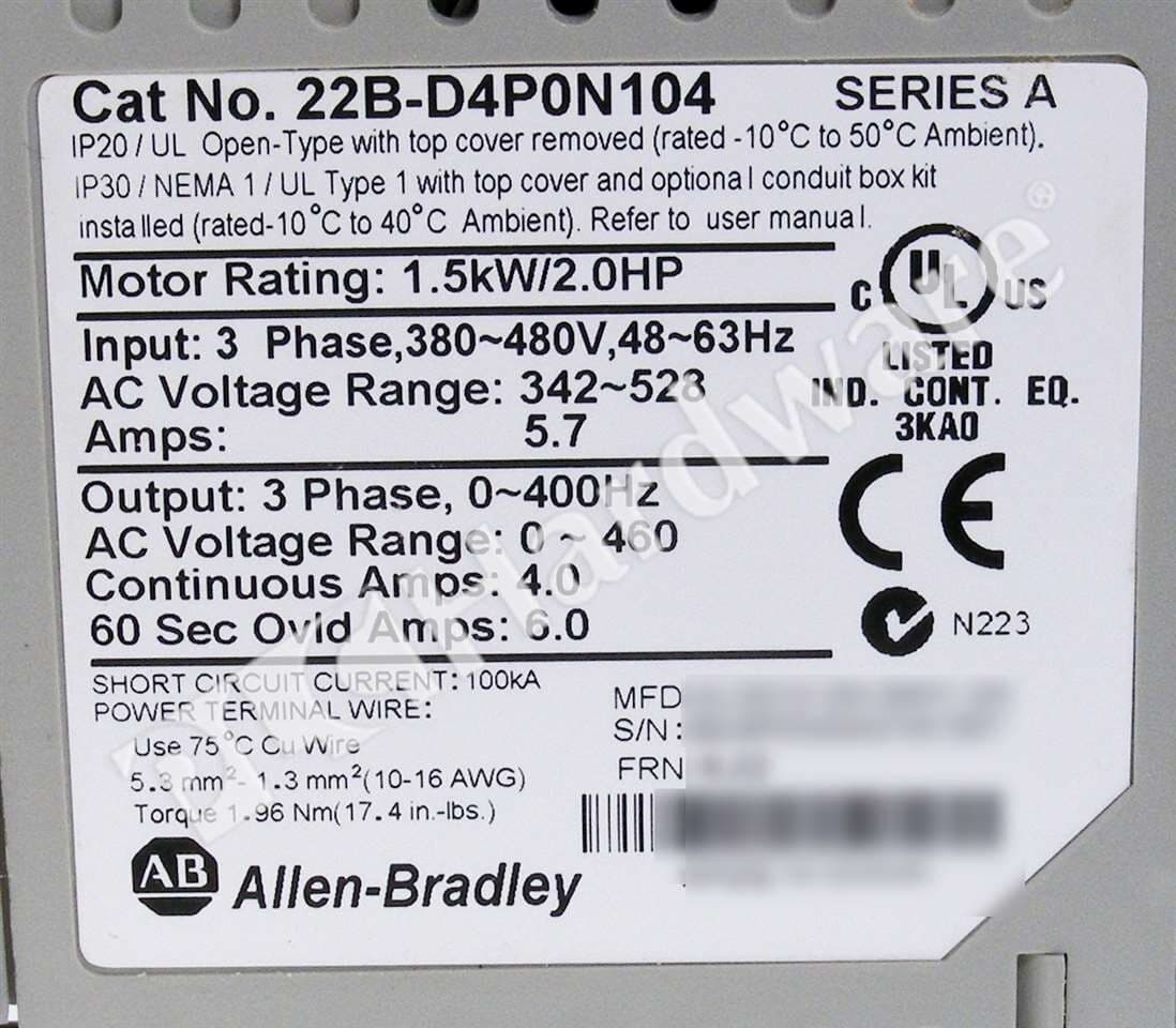 Allen Bradley 22B-D4P0N104 /A PowerFlex 40 480VAC 3-Ph 4A 1.5kW Frame B AC Drive 6