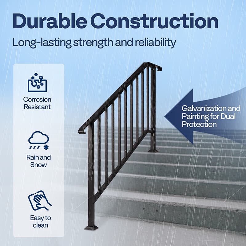 2-Pack 5 Step Hand Rails for Outdoor Steps Wrought Iron Railing for Porch Deck 3