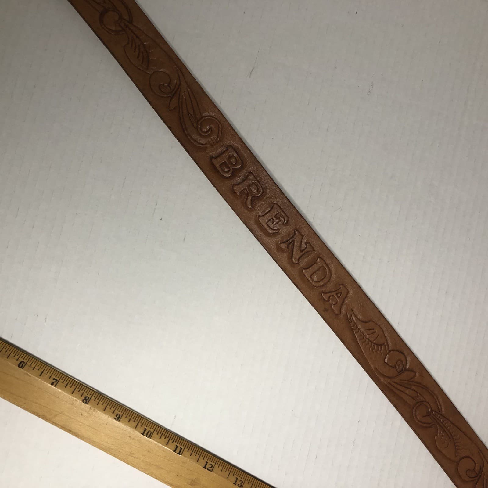 Vintage Tan Leather Belt Hand-Tooled Vine Paisley “BRENDA”  Metal Buckle 6