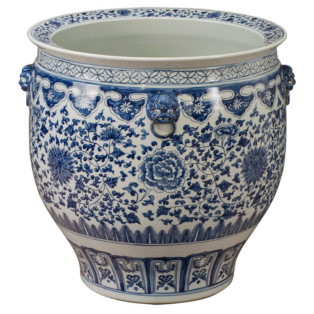 US Seller - 23.5in Grand Blue White Porcelain Peony Oriental Fishbowl Planter 4