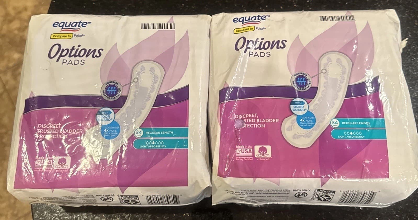 Equate Options Women's Moderate-Regular Incontinence Pads, 2X34ct= 68 Count