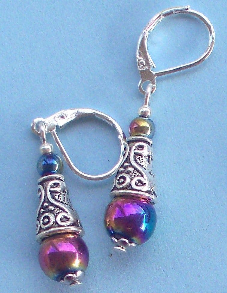 RAINBOW HEMATITE Bali cone earring SP LEVERBACK handcrafted XX 2