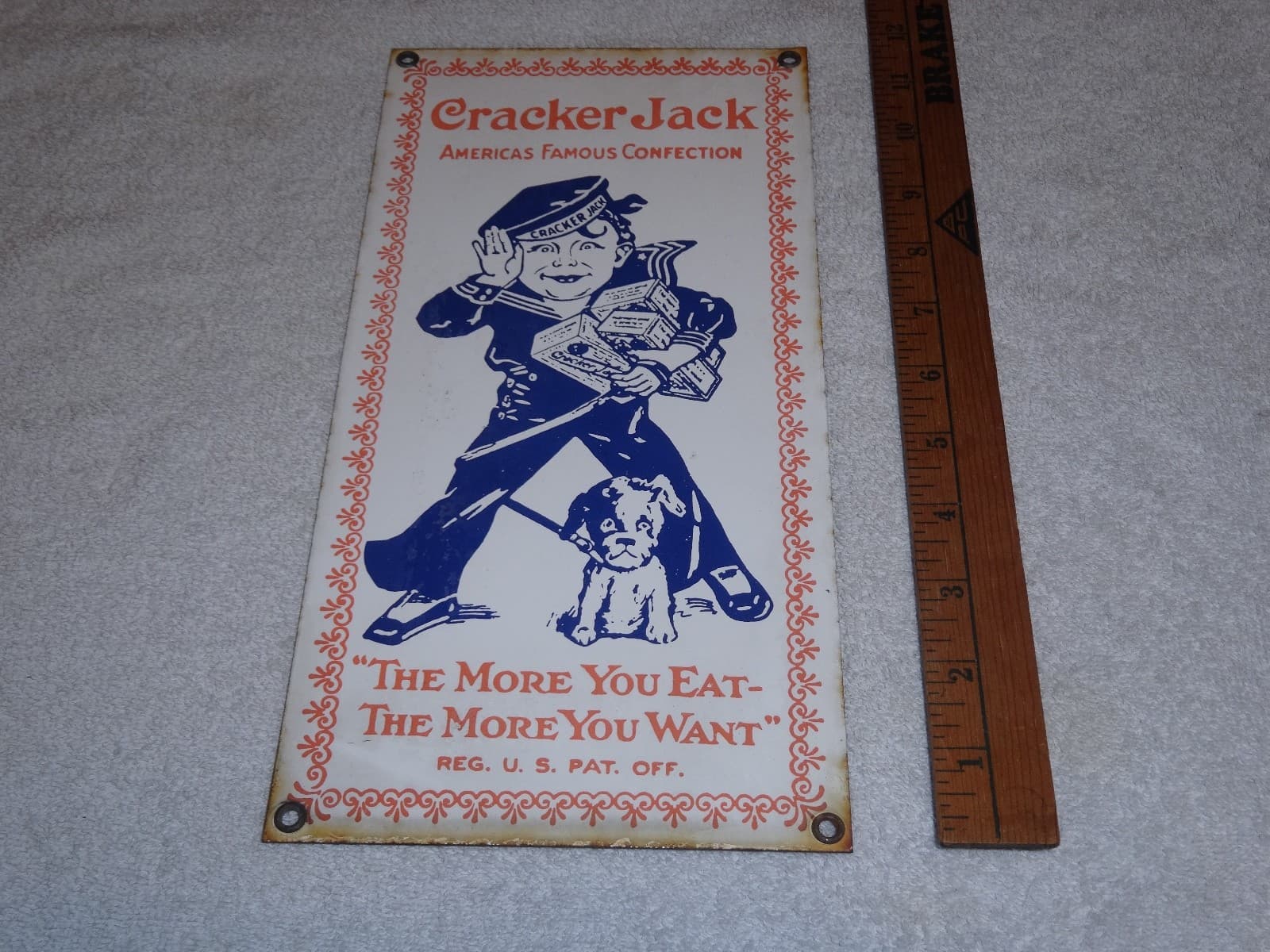 VINTAGE CRACKER JACK CANDY SAILOR & DOG  🐶  12" PORCELAIN METAL CONFECTION SIGN 5