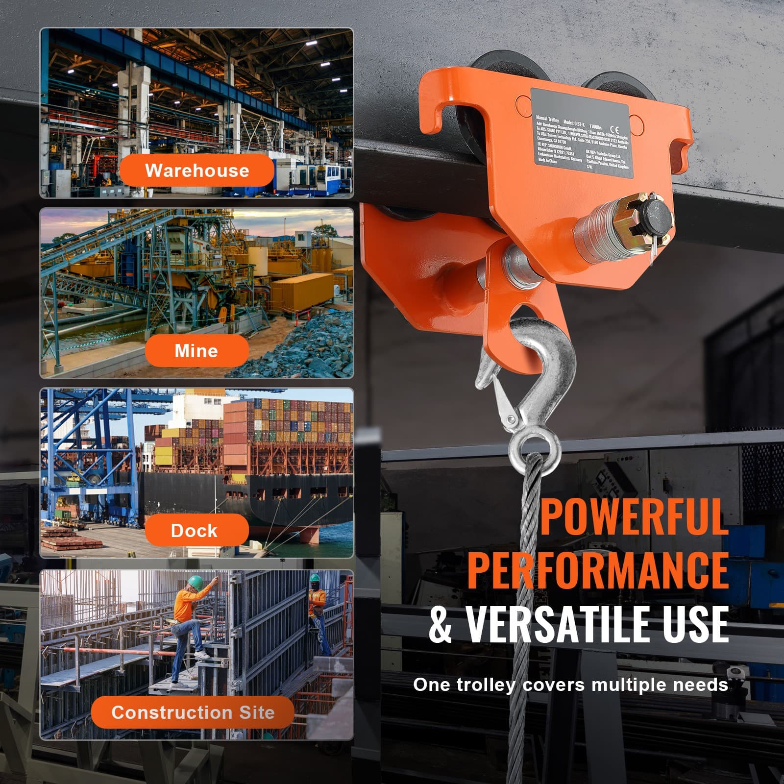 Push Beam Trolley Manual Trolley 2200 lbs/1 Ton Load 2.5"-8" Adjustable 6