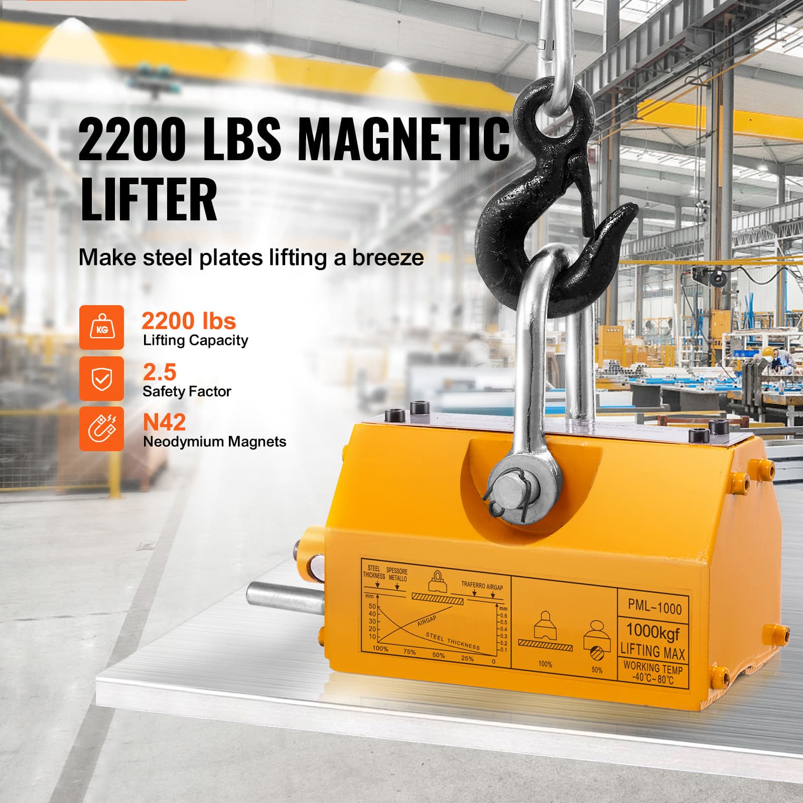 Permanent Magnetic Lifter Lifting Magnet 2200 lbs/1000 kg Neodymium Hoist 2