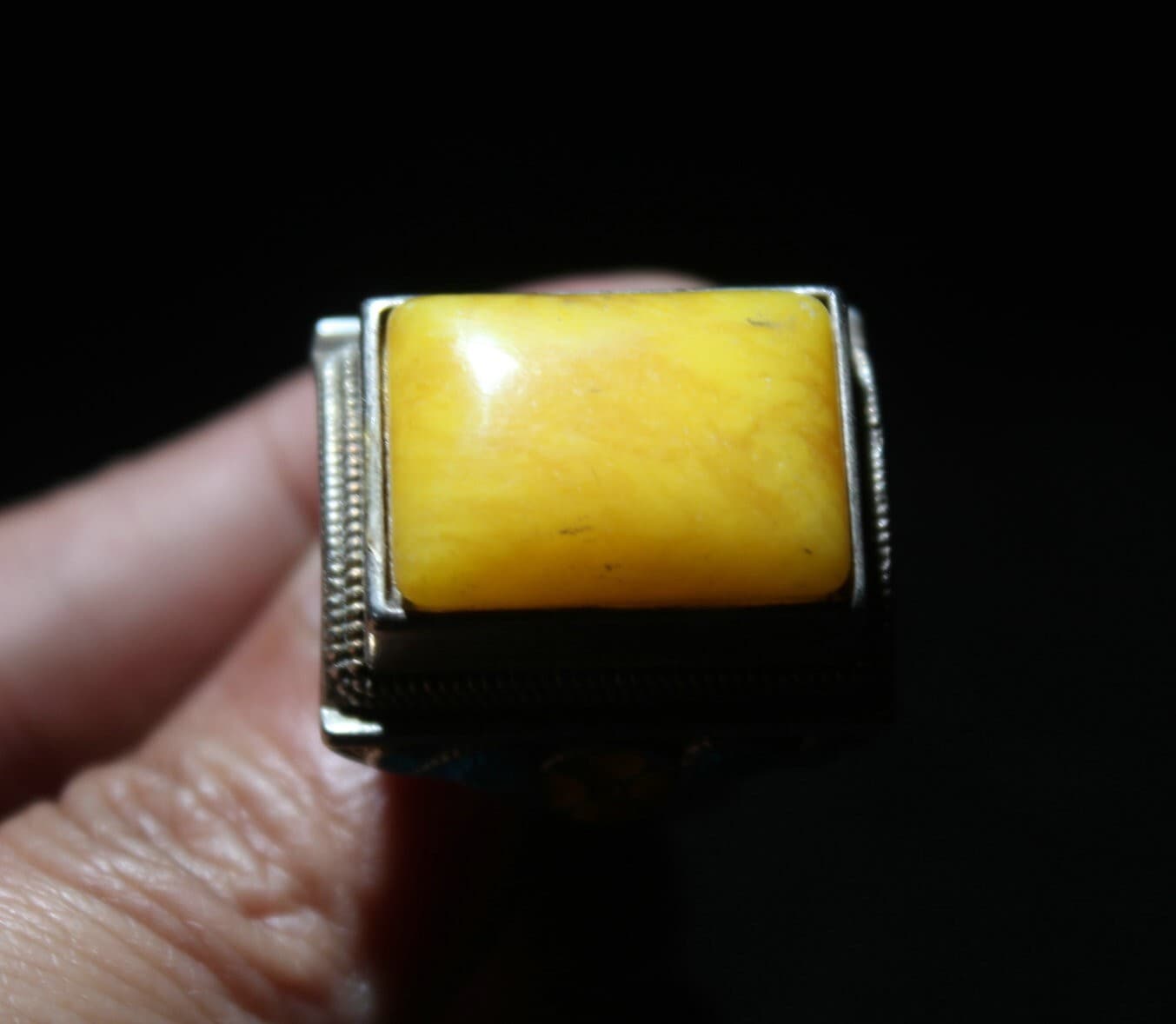 Rare Old Chinese Cloisonne Silver Inlay beeswax Gem Flower Jewelry Figure Ring 3