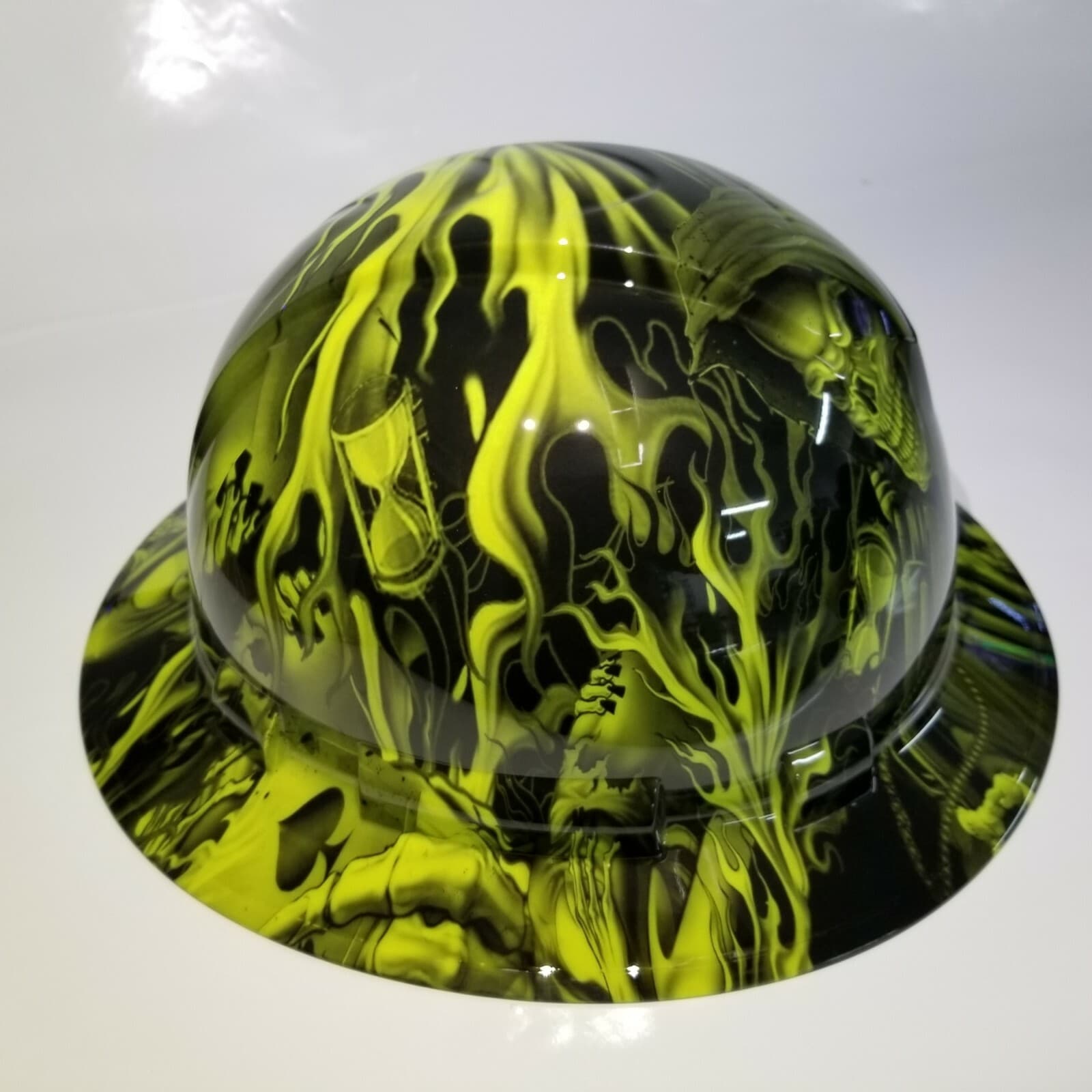 FULL BRIM Hard Hat custom hydro dipped in HI VIS GREEN ACE OF SKULLS NEW 2