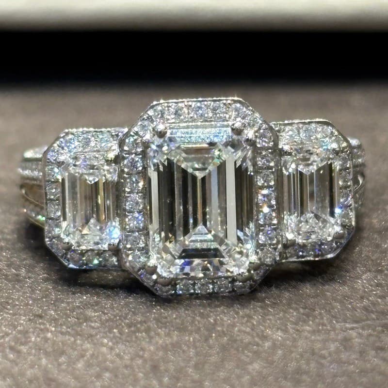 4.5Ctw Emerald Moissanite Halo Three Stone Engagement Ring 14k White Gold Plated