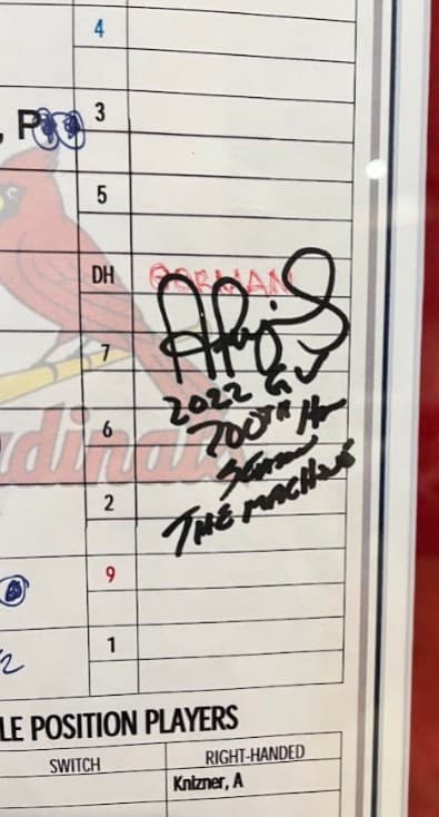 Albert Pujols Autographed 3X Inscribed GU Line-up Card from 700th HR Season 3