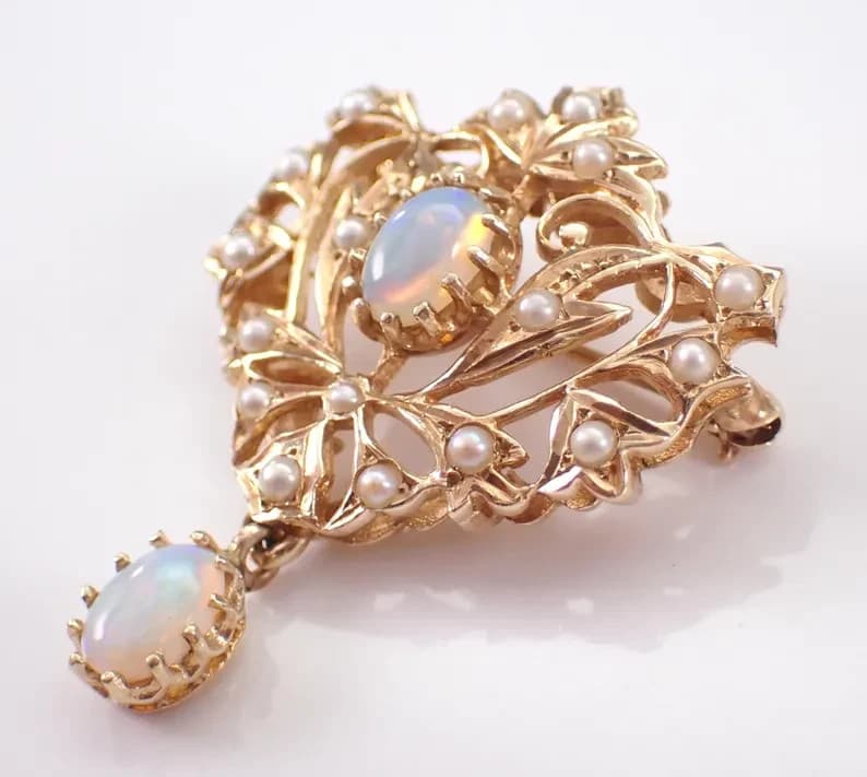 2.20Ct Oval Natural Fire Opal Vintage Estate Brooch Pin 14K Yellow Gold Plated 3