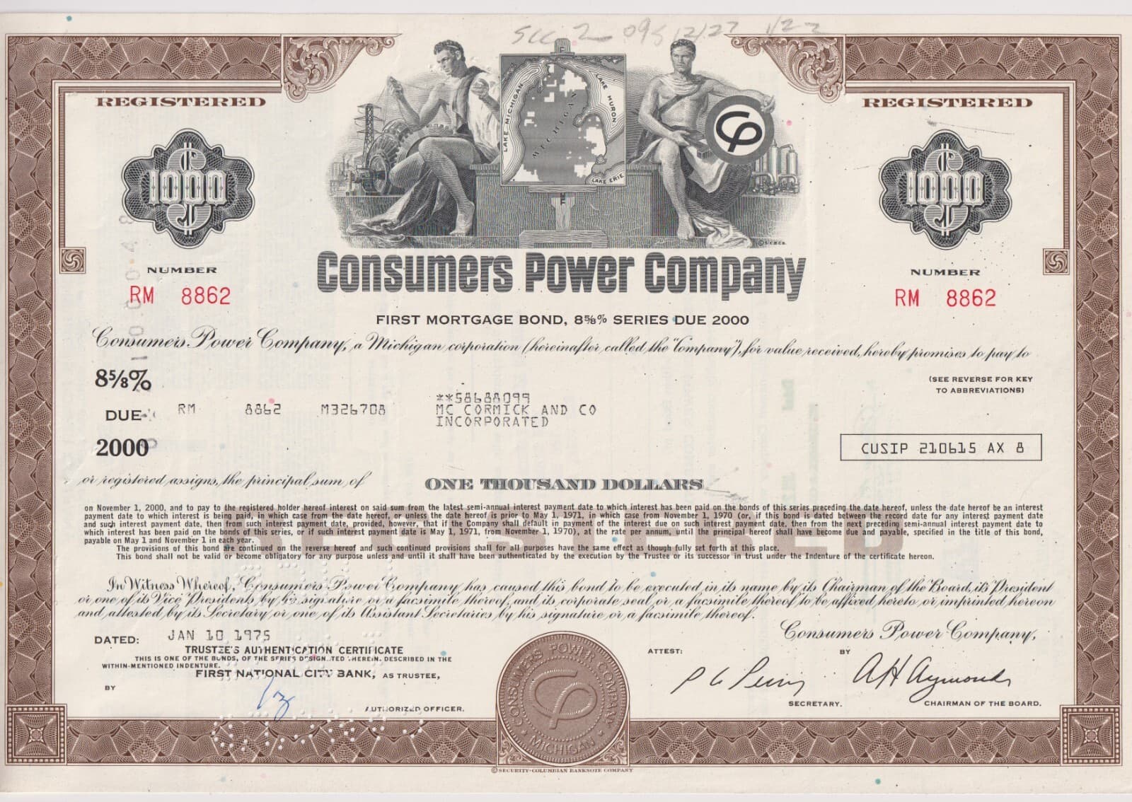 3 Color Set Consumers Power Company Bond Stock Certificates Michigan 2