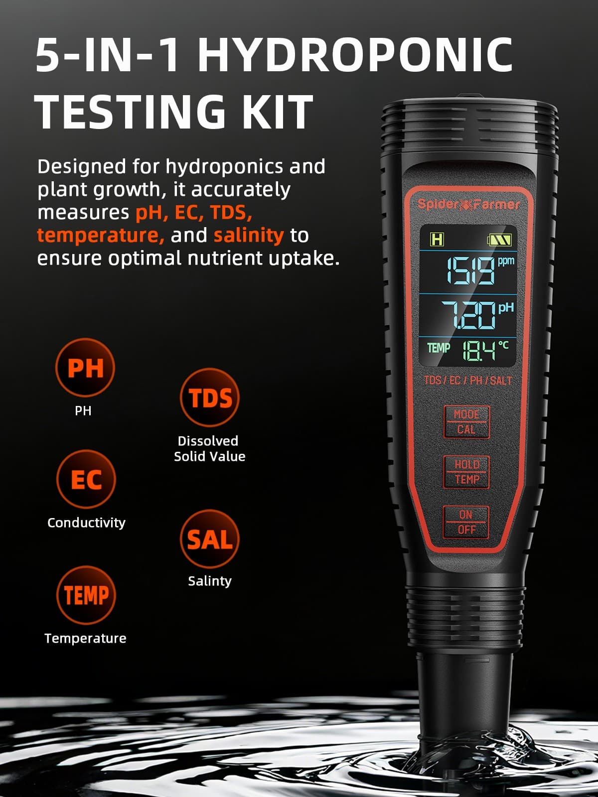 Spider Farmer 5-in-1 TDS/PH Hydroponic Meter Kit with a high-sensitivity sensor 2