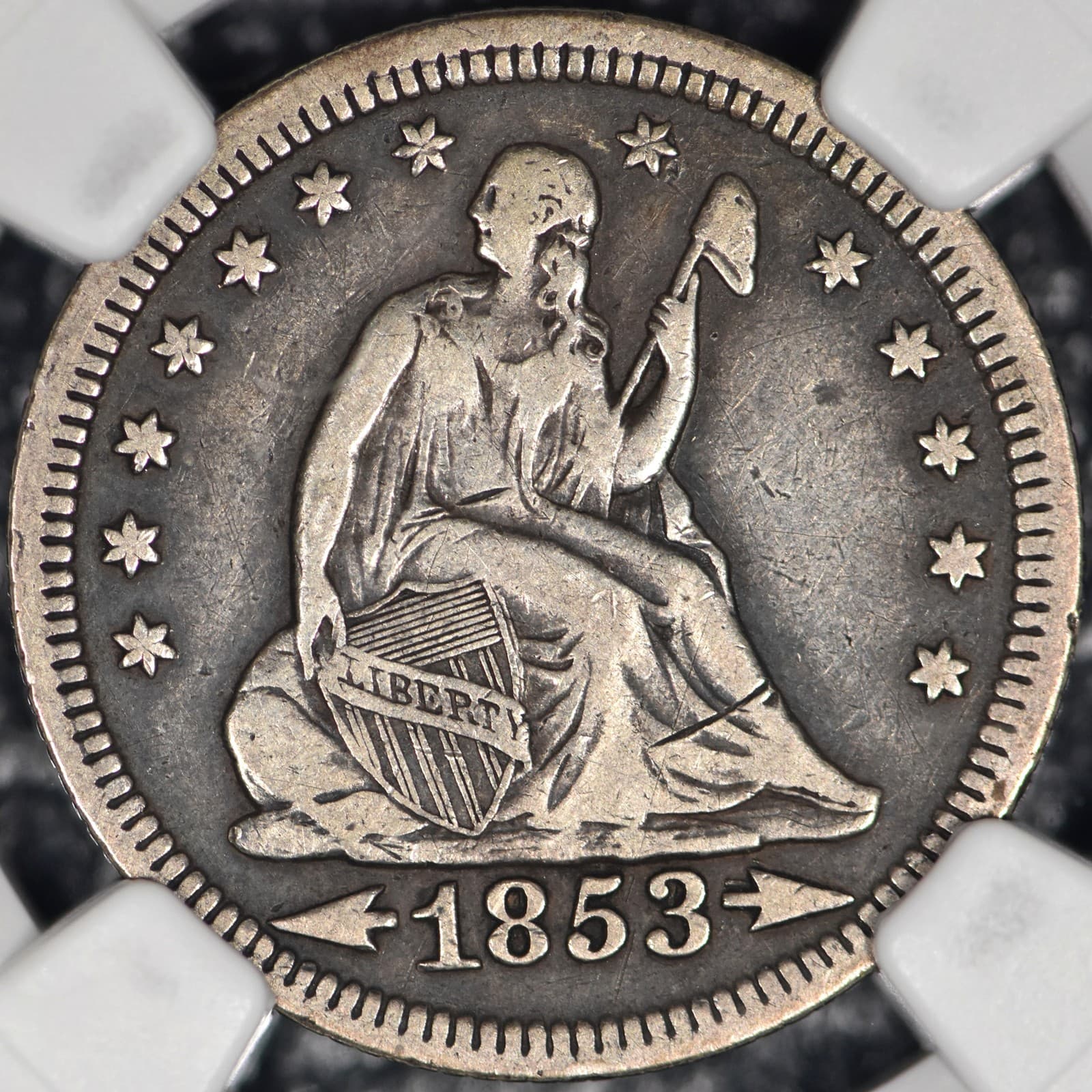 1853/4 Overdate Seated Liberty Quarter 25c Arrows & Rays NGC VF30 3