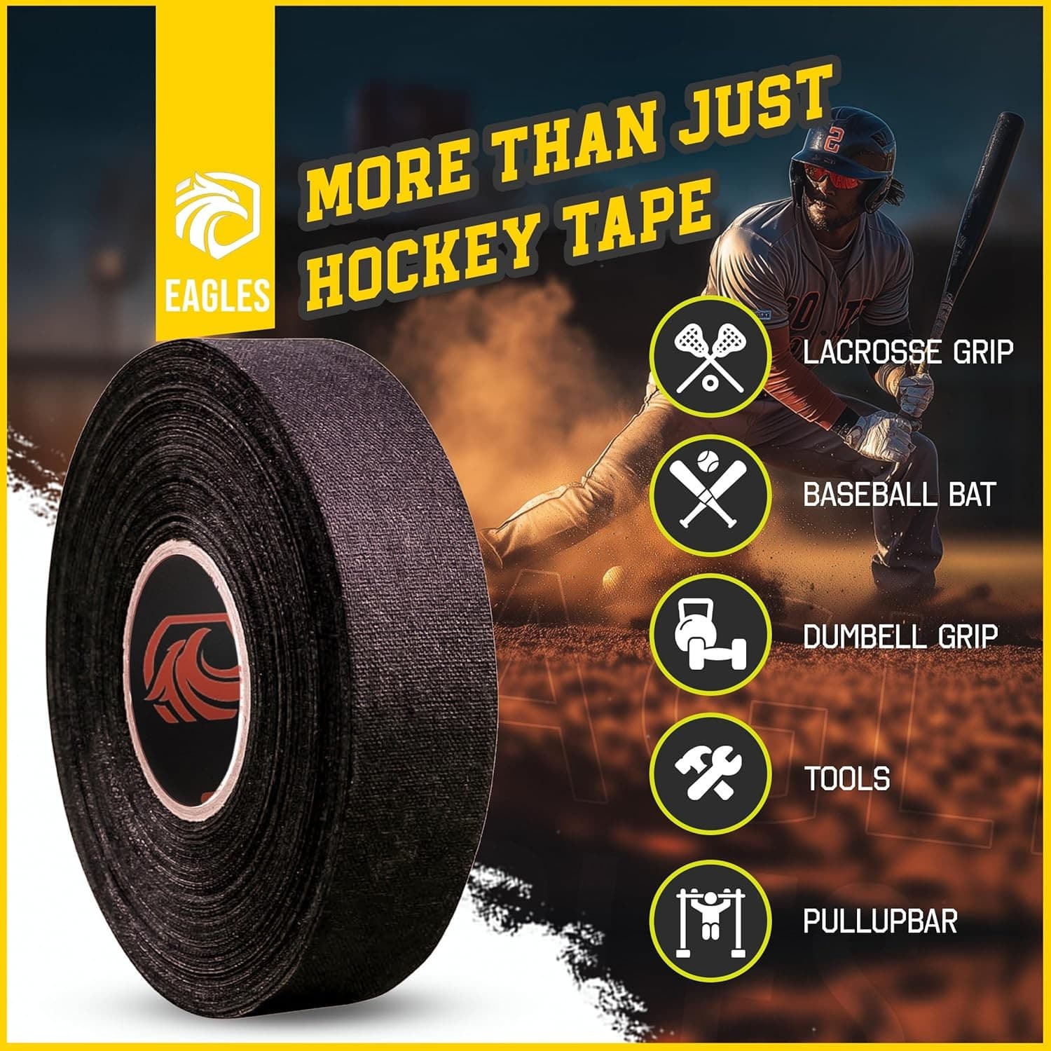 EAGLES Hockey Tape Multipurpose Cloth 60 Feet/Roll for Lacrosse Black 2