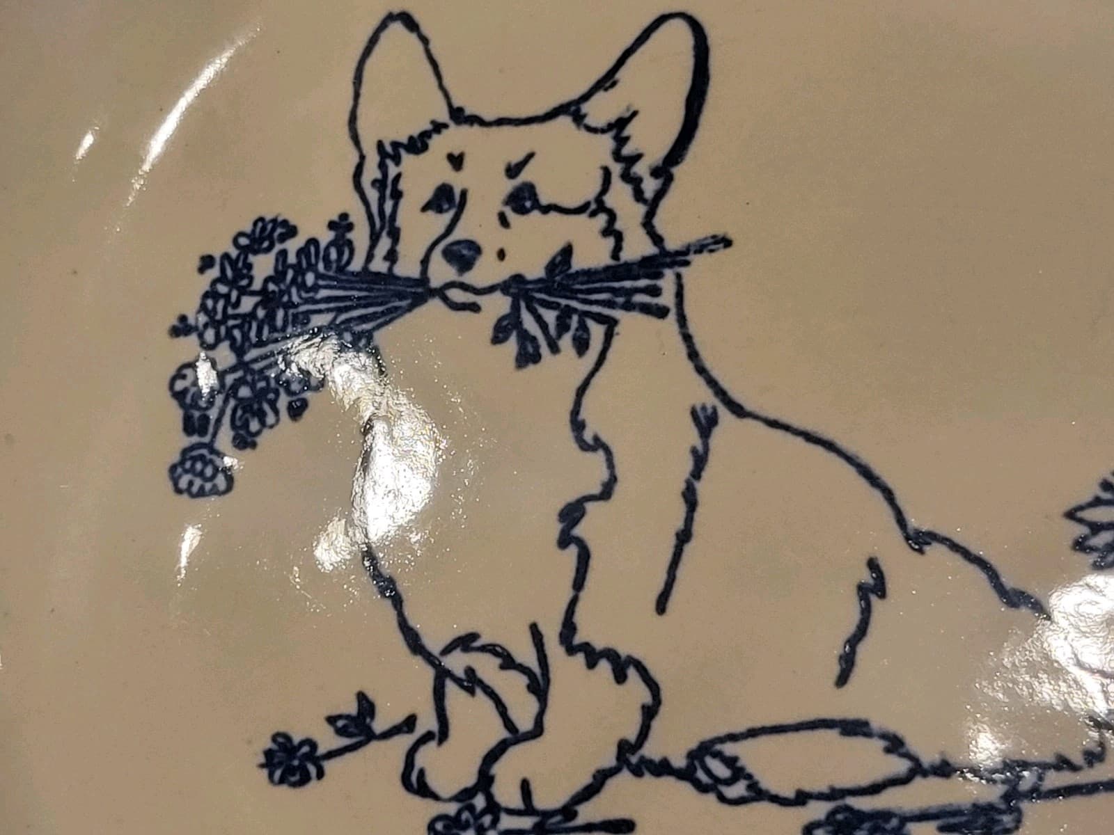 Corgi Louisville Stoneware  Corgi Dogs Signed Tulips Flowers Serving Dish 2