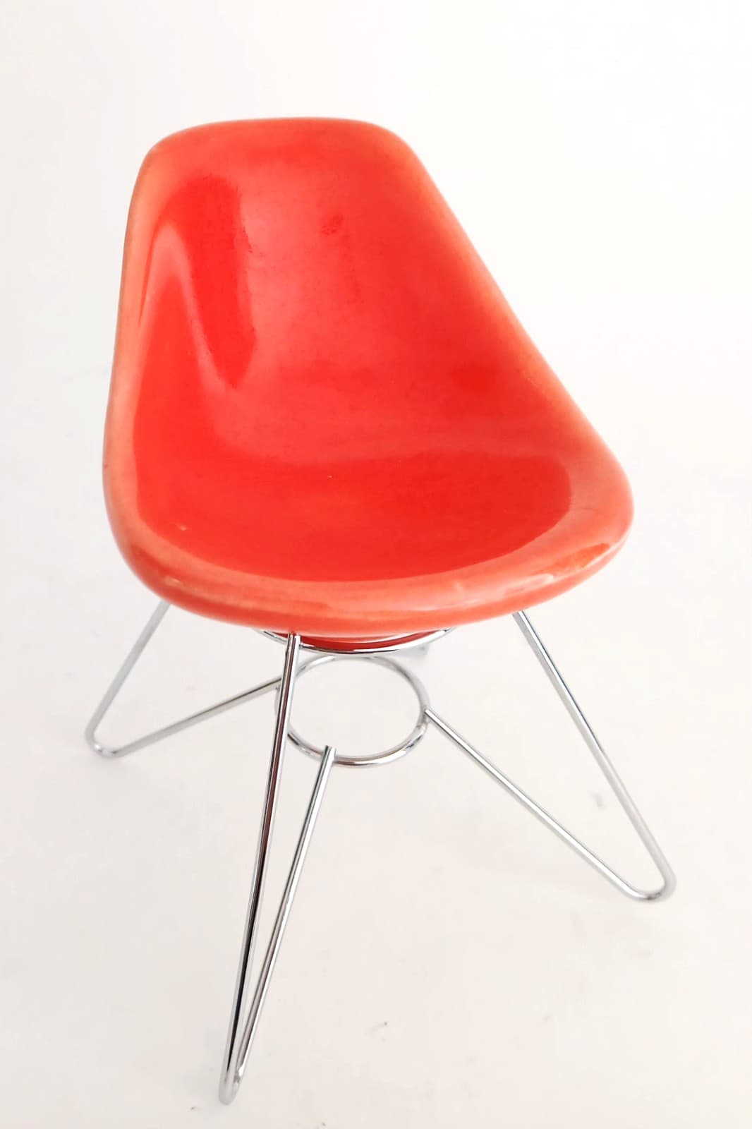MCM Miniature Eames Herman Miller Style Doll Chair Orange Red Chrome 5" x 3 1/4" 2
